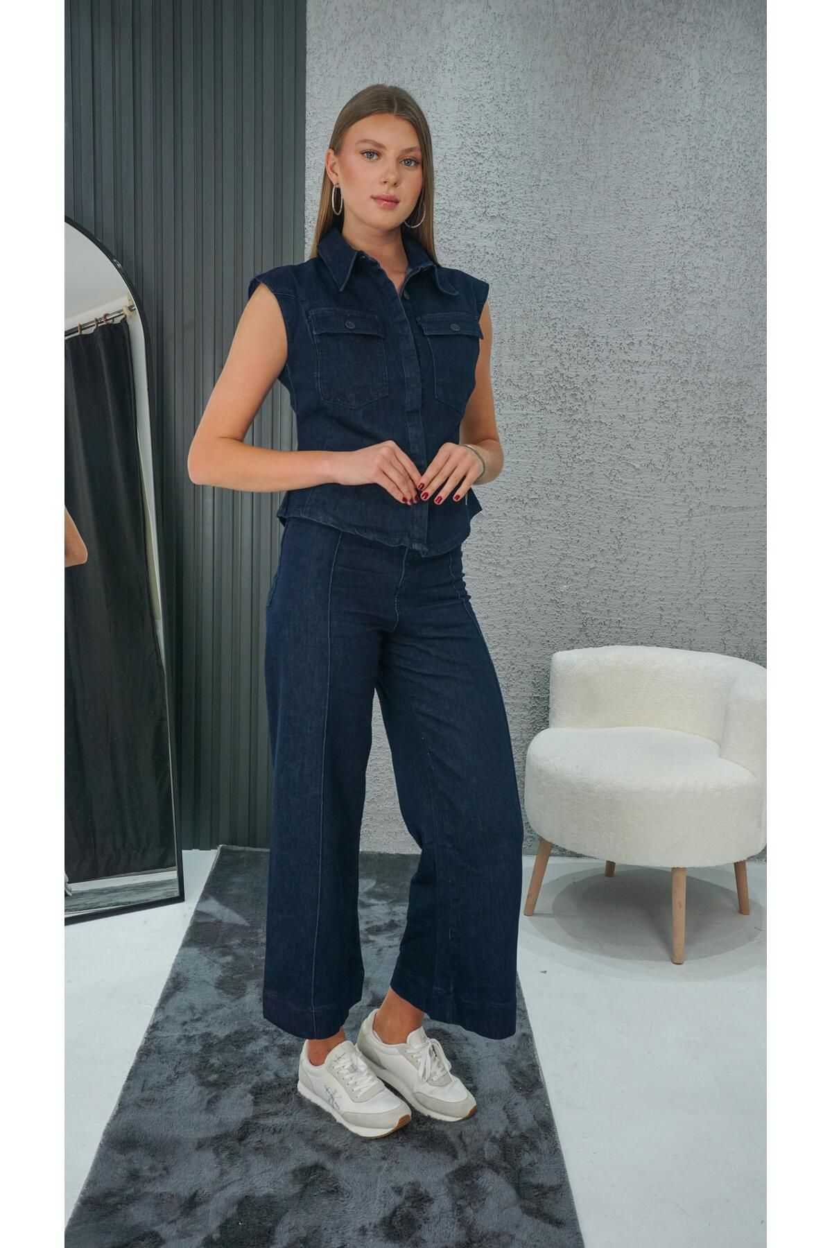Neva Wear Kadın Koyu Mavi Yüksek Bel Bol Paça Denim Pantolon Fit Kalıp