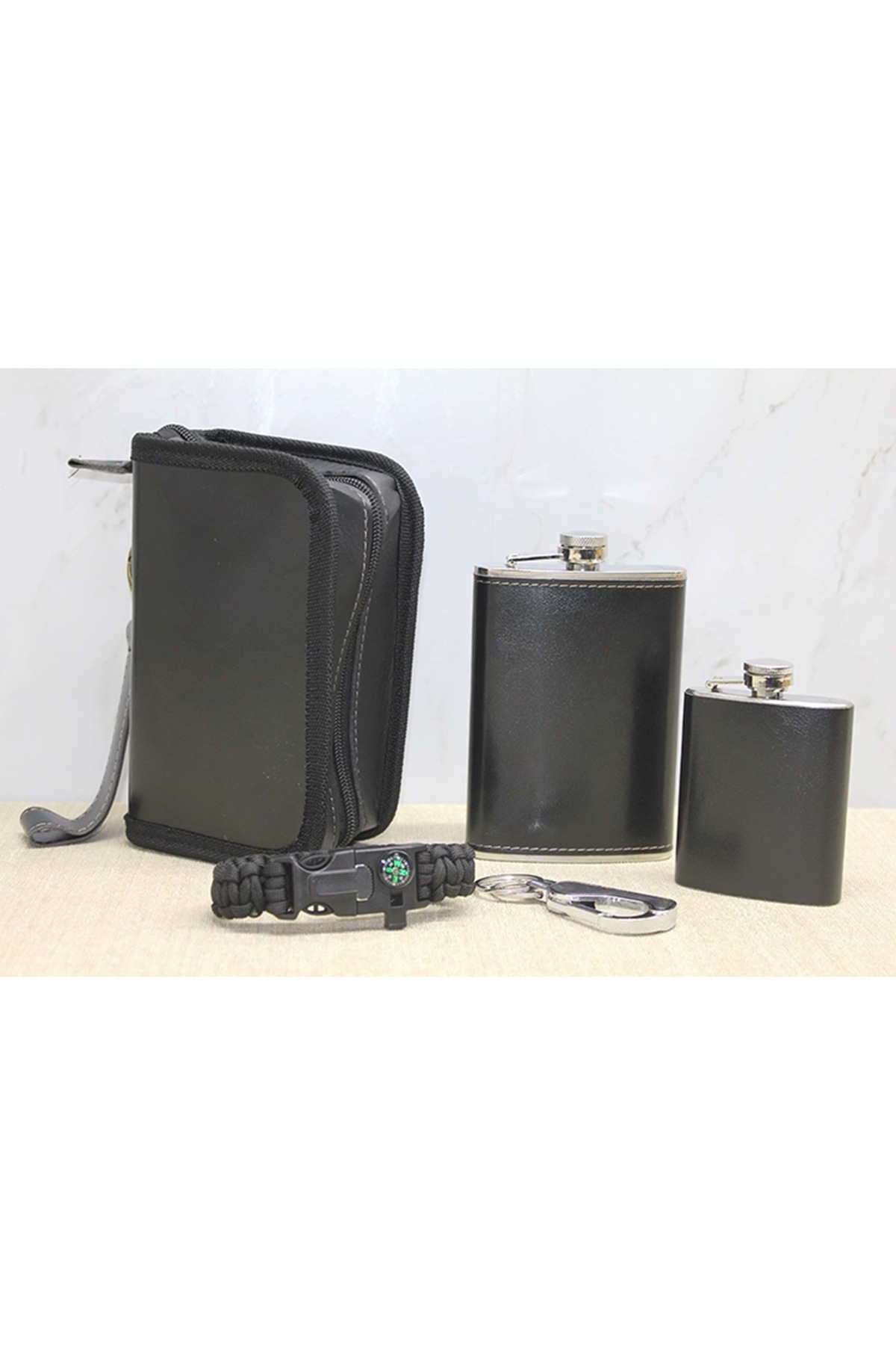 PİRAMİGO-9 oz and 4 oz Steel Flask Set with Leather Bag 1