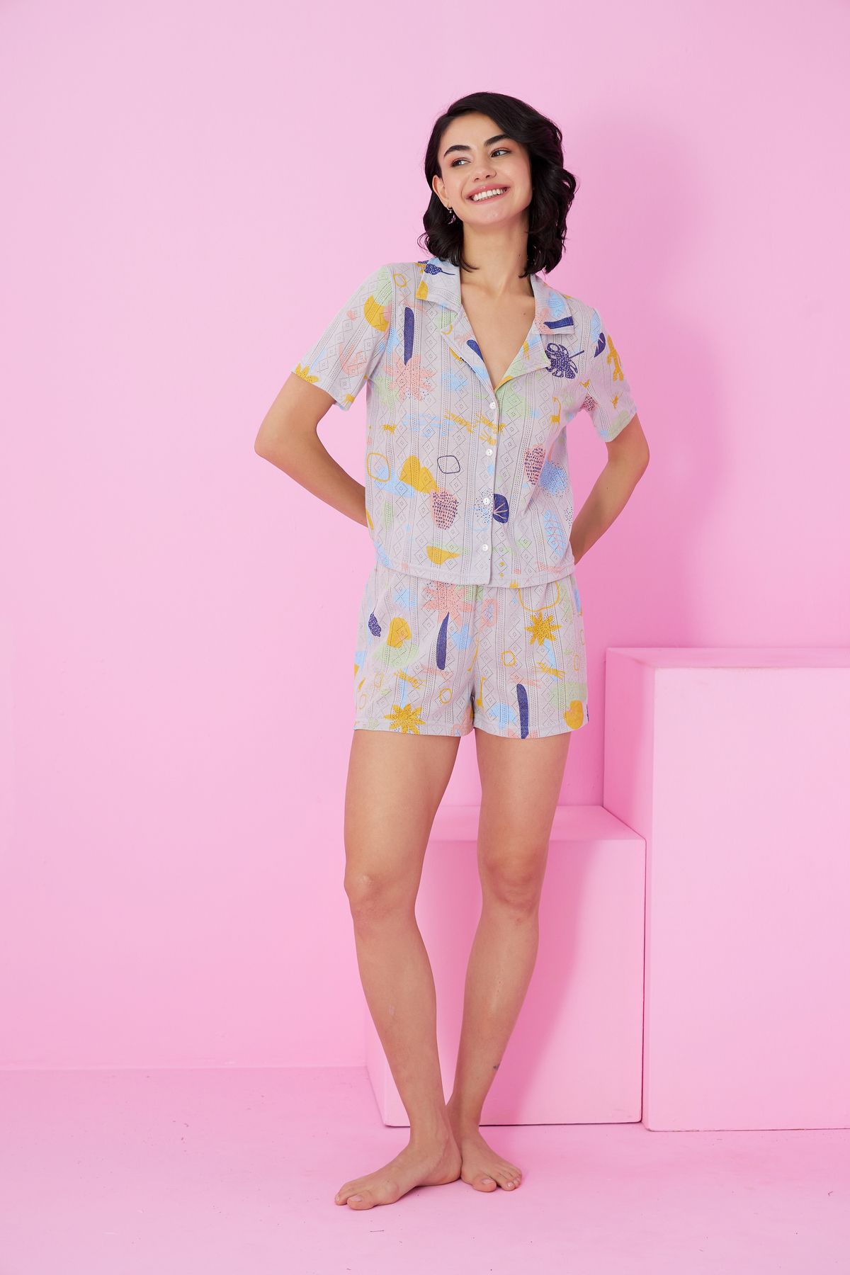 Siyah İnci-Gray Colored Patterned Pointel Openwork/Hole Shirt Collar Knitted Button Shorts Set 2