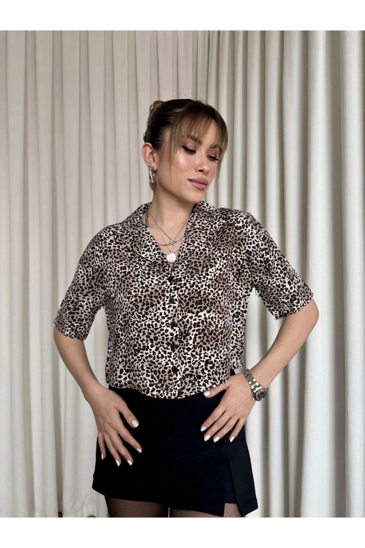 Shop58 Leopar desenli crop gömlek