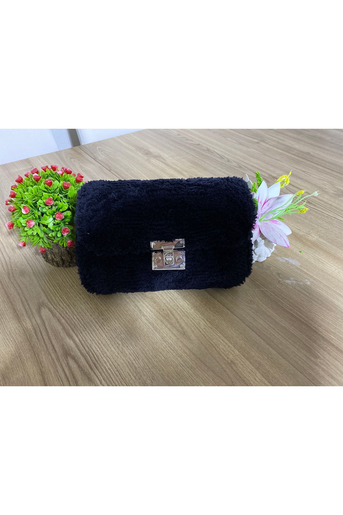 kanvas Shos El yapımı siyah kanvas kürklü çanta,peluş çanta
