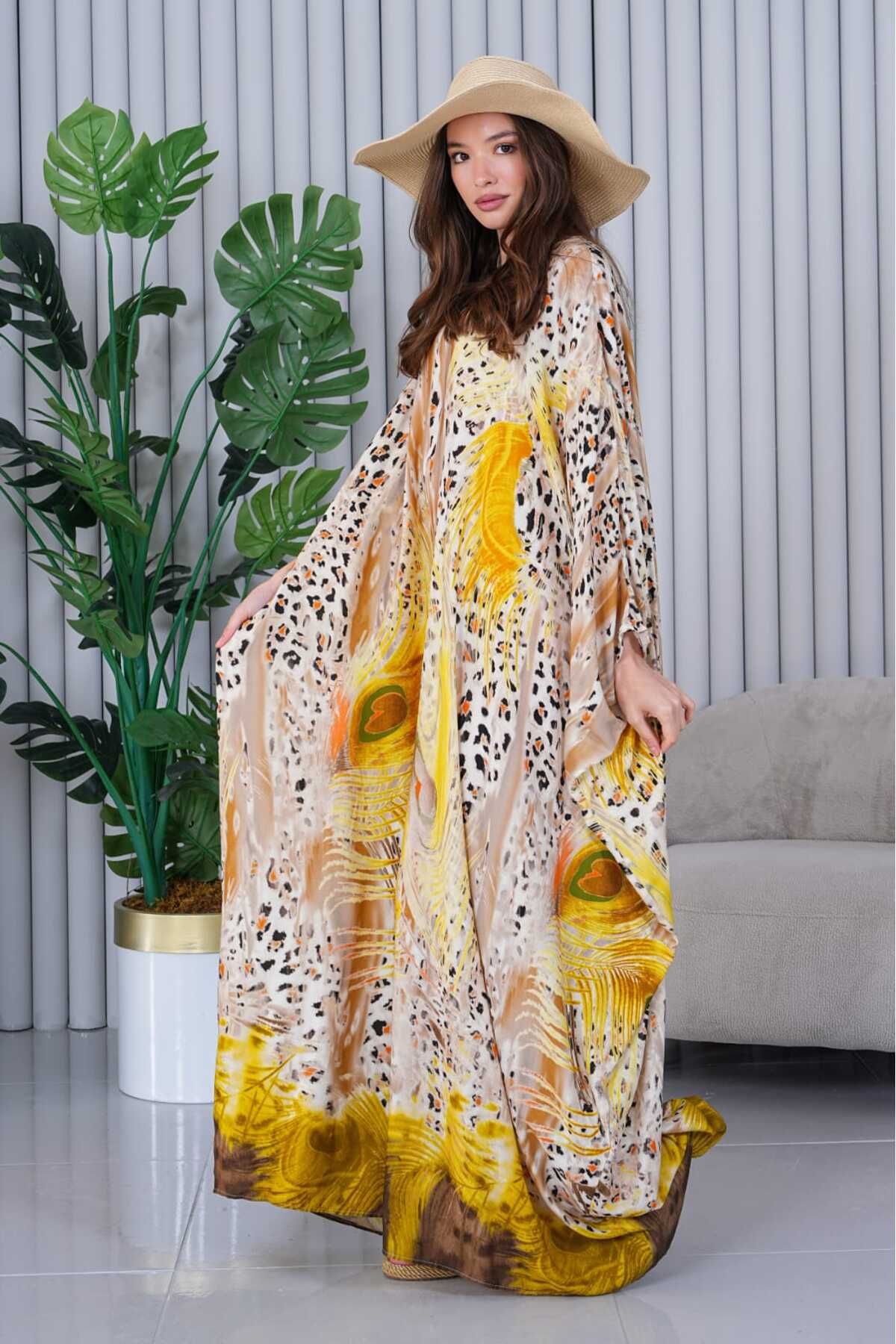 My Blog-Yellow Patterned Large Size Viscose Dress - 4010 5