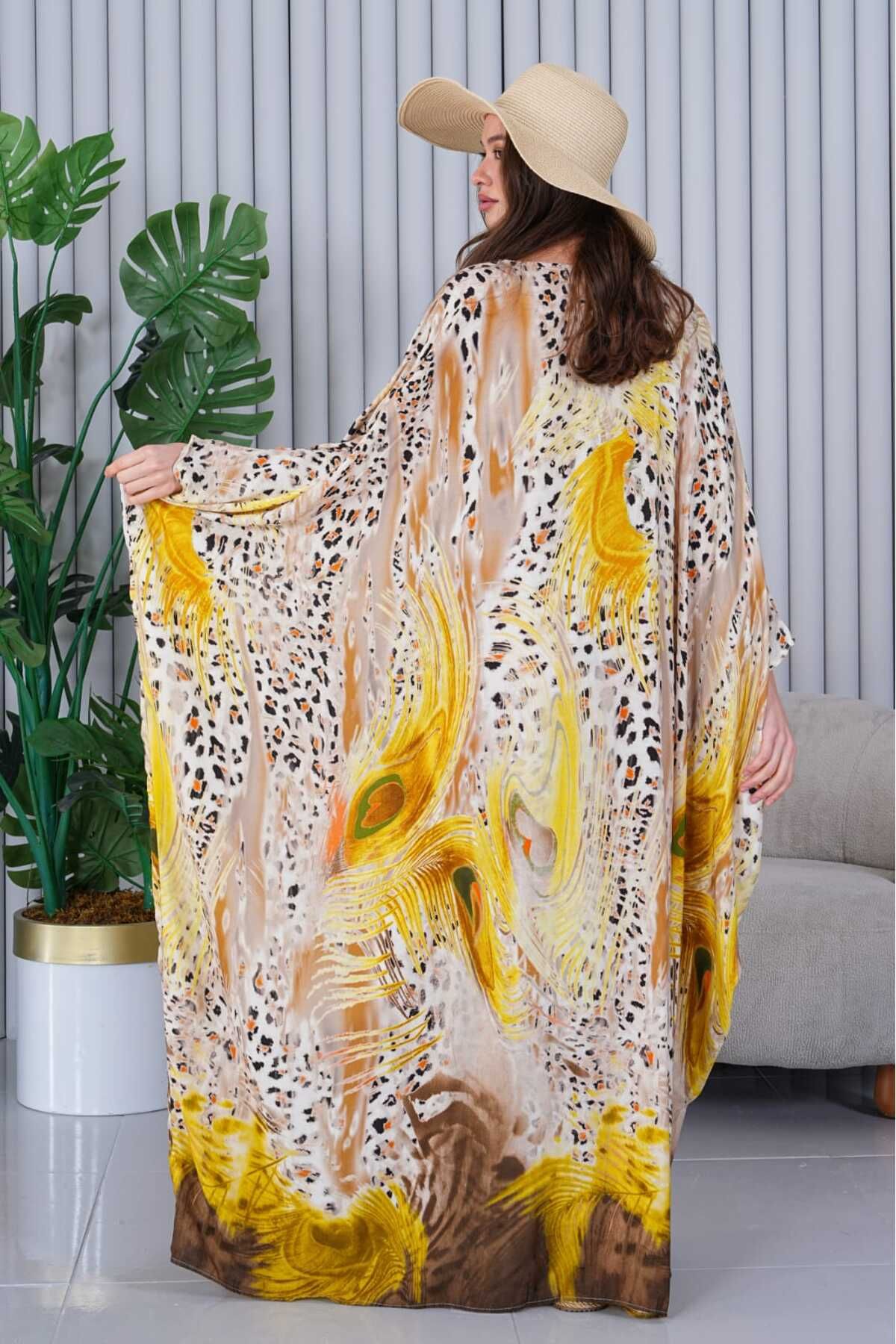 My Blog-Yellow Patterned Large Size Viscose Dress - 4010 6