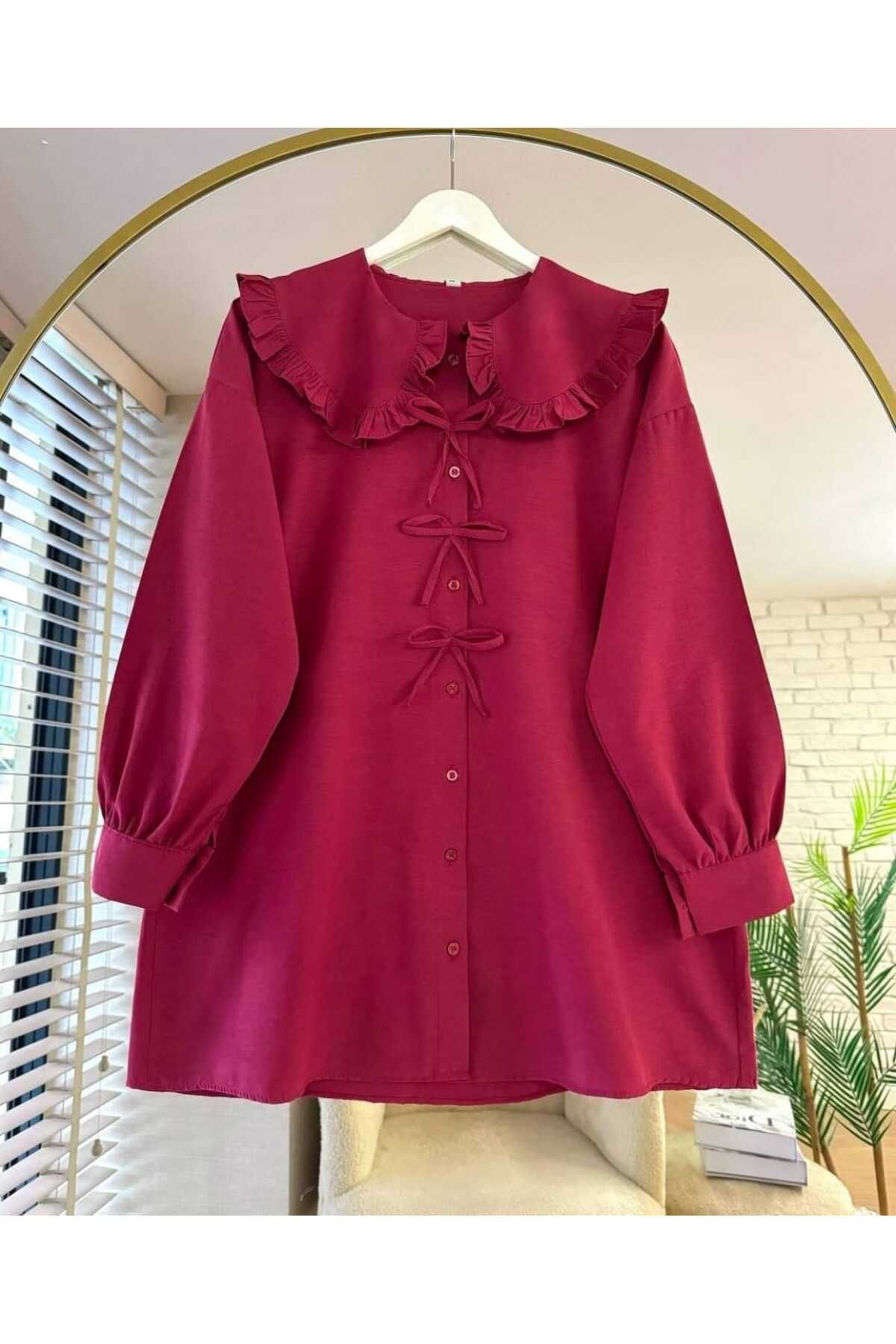 MODA VEDAT Kadın Fırfırlı Bebe Yaka Fiyonk Detaylı Tesettür Gömlek