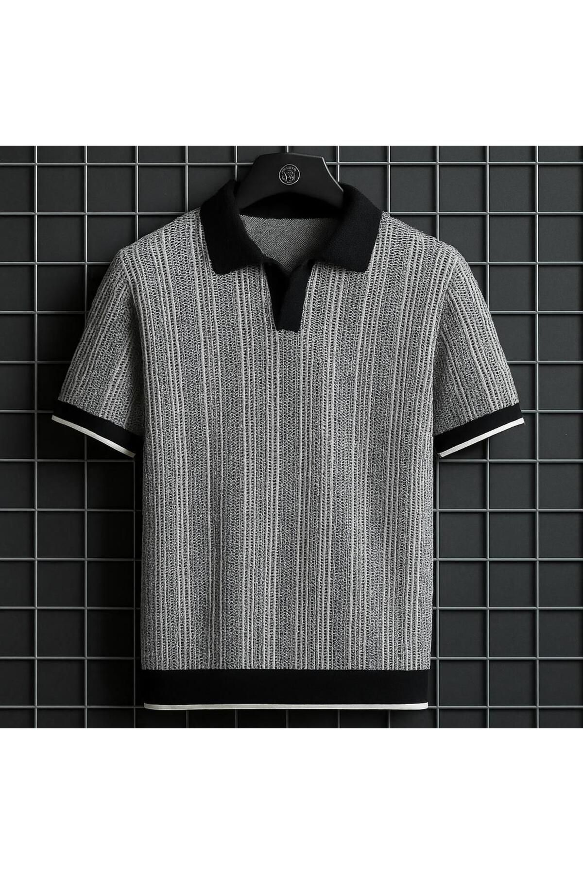 LUPERCUS Erkek Örgü Polo Yaka T-Shirt - Siyah Beyaz Çizgili