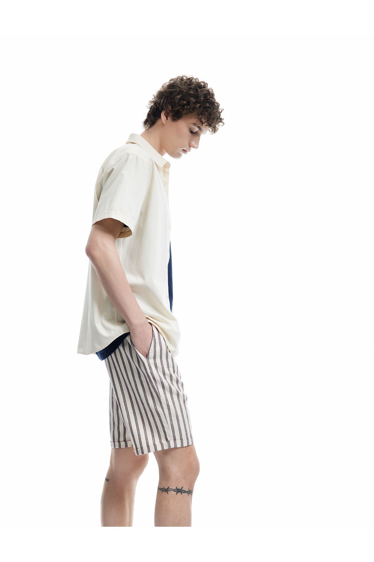 Koton Pantaloni Scurți De Vară Cu Șireturi În Talie Cu Dungi Bermude Cu Buzunar În Amestec De In Masculin - 44