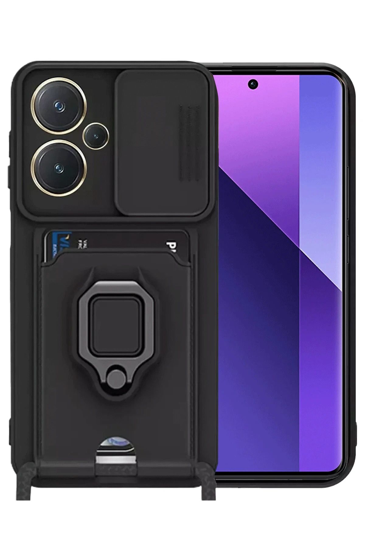 NewFace Xiaomi Redmi Note 13 Pro Plus Kılıf Zuma Kartvizitli Yüzüklü Silikon - Siyah FERRG
