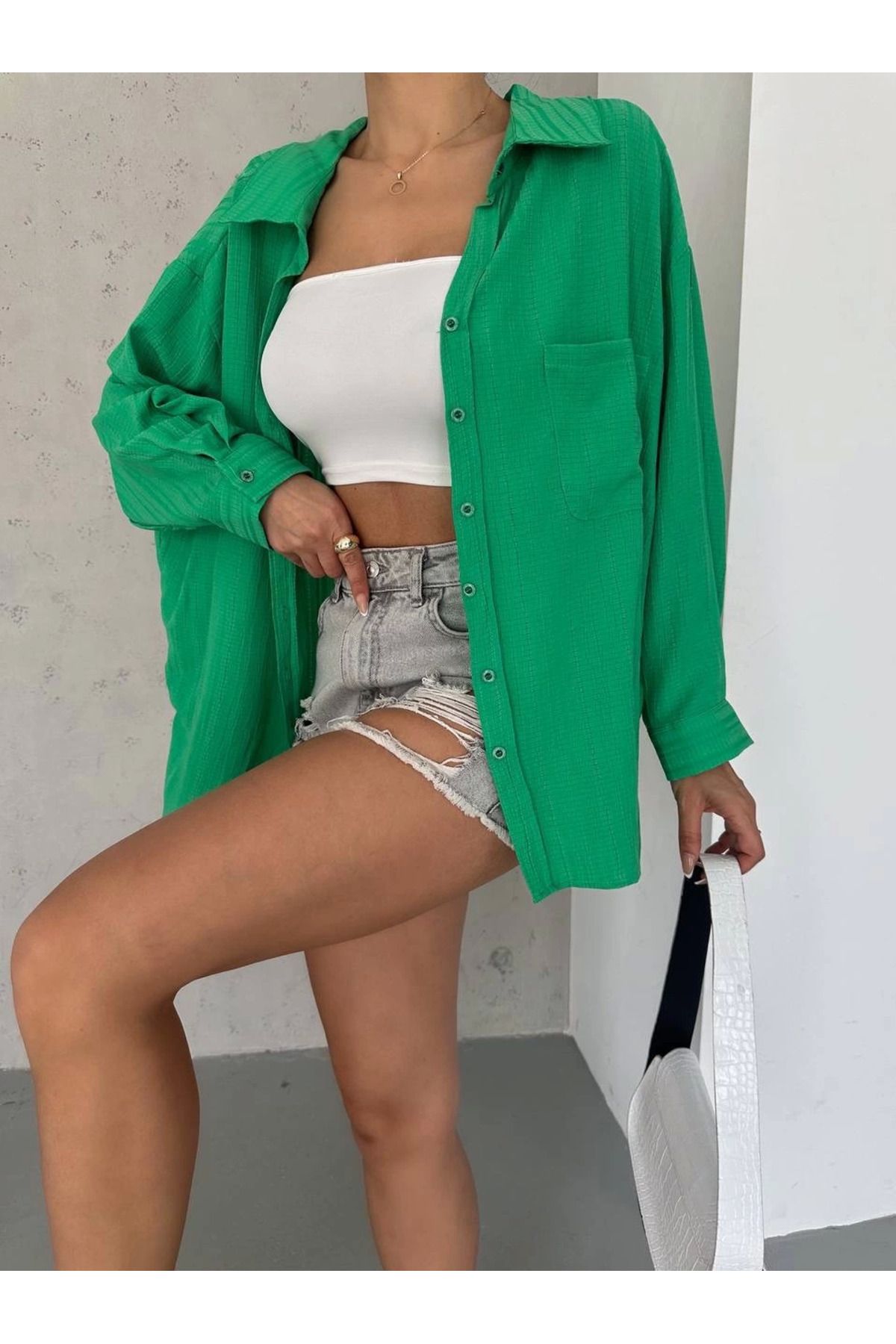 Shop58 Ağaç kabuğu oversize arkası pileli gömlek