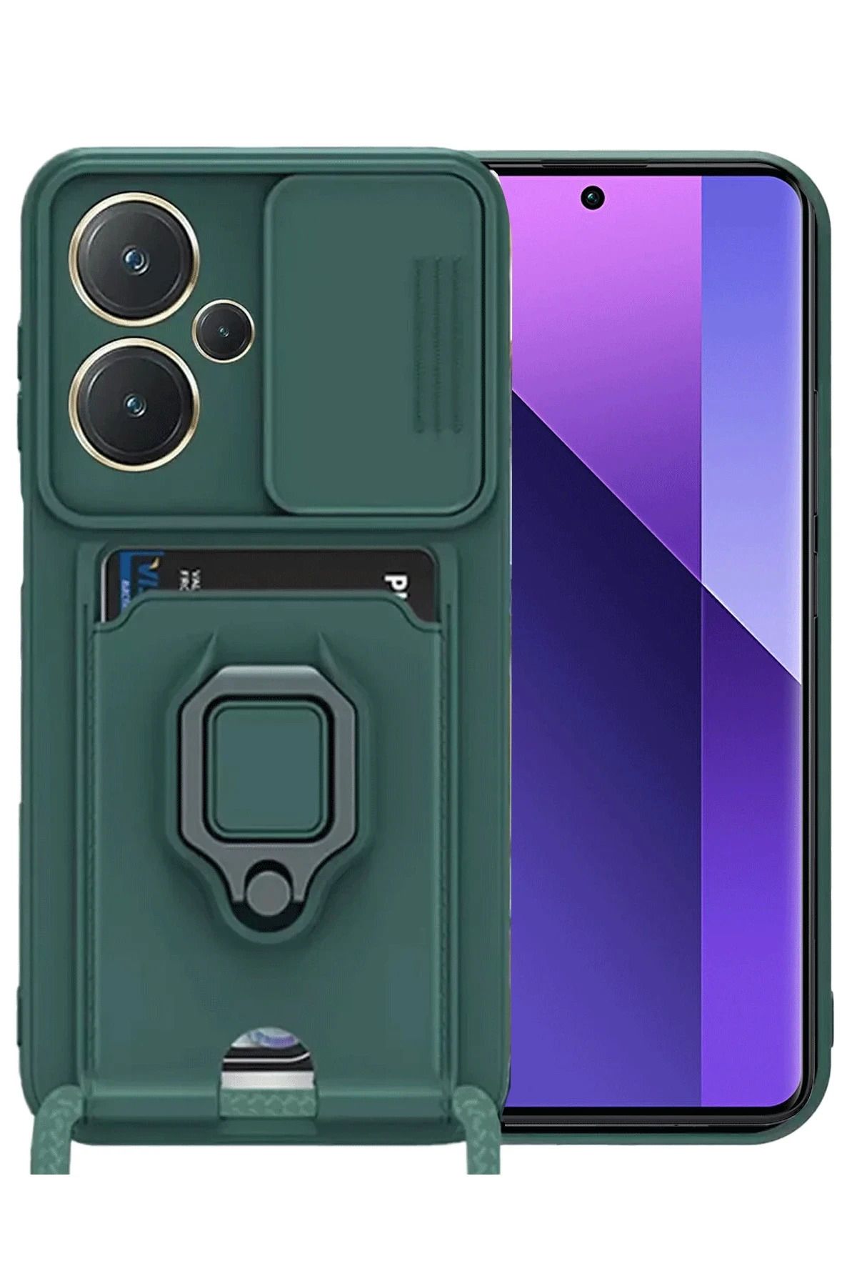 NewFace Xiaomi Redmi Note 13 Pro Plus Kılıf Zuma Kartvizitli Yüzüklü Silikon - Yeşil FERRG