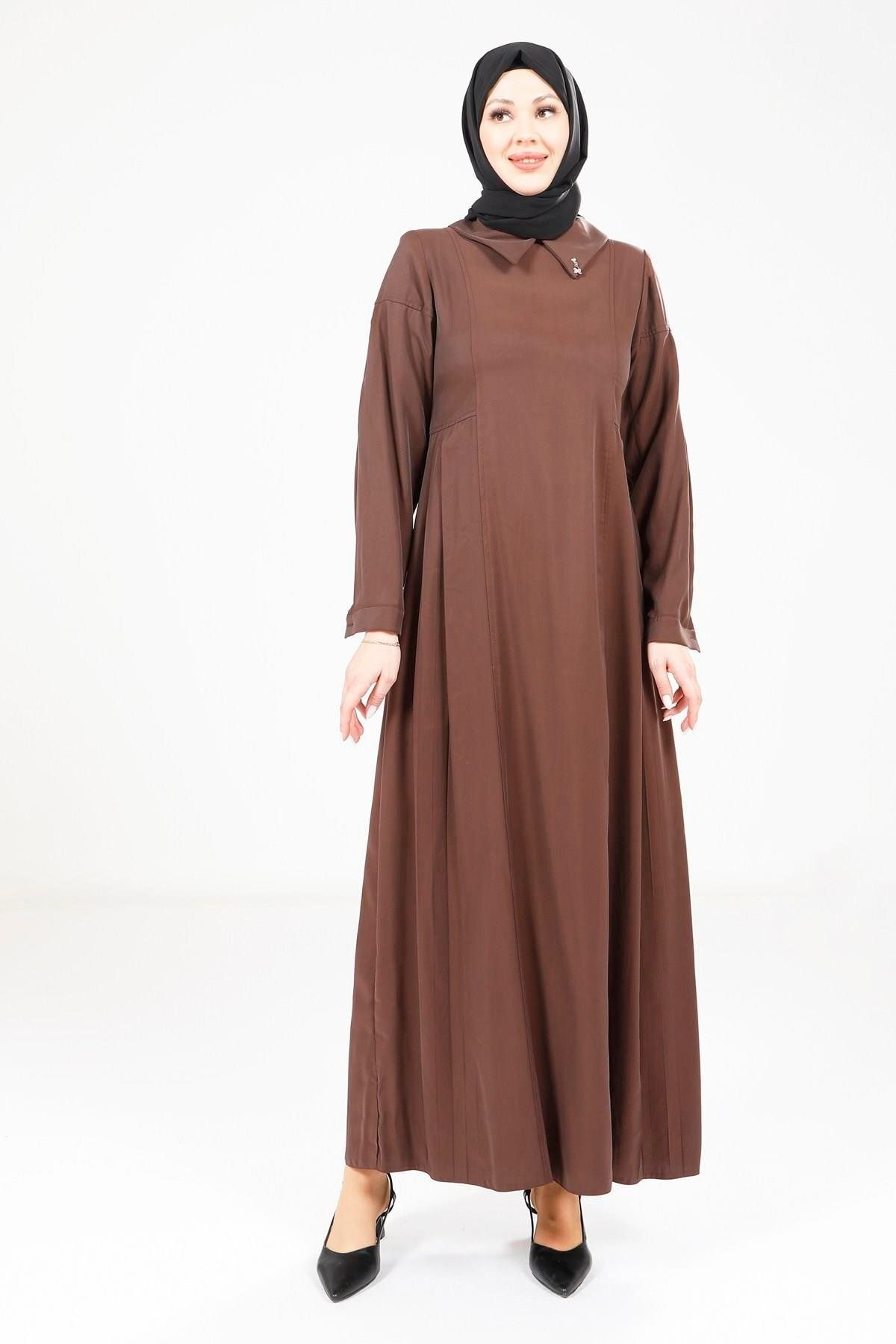 پیراهن پوشیده زنانه لباس قهوه پلاستیک 9342 اورجینال Beyza