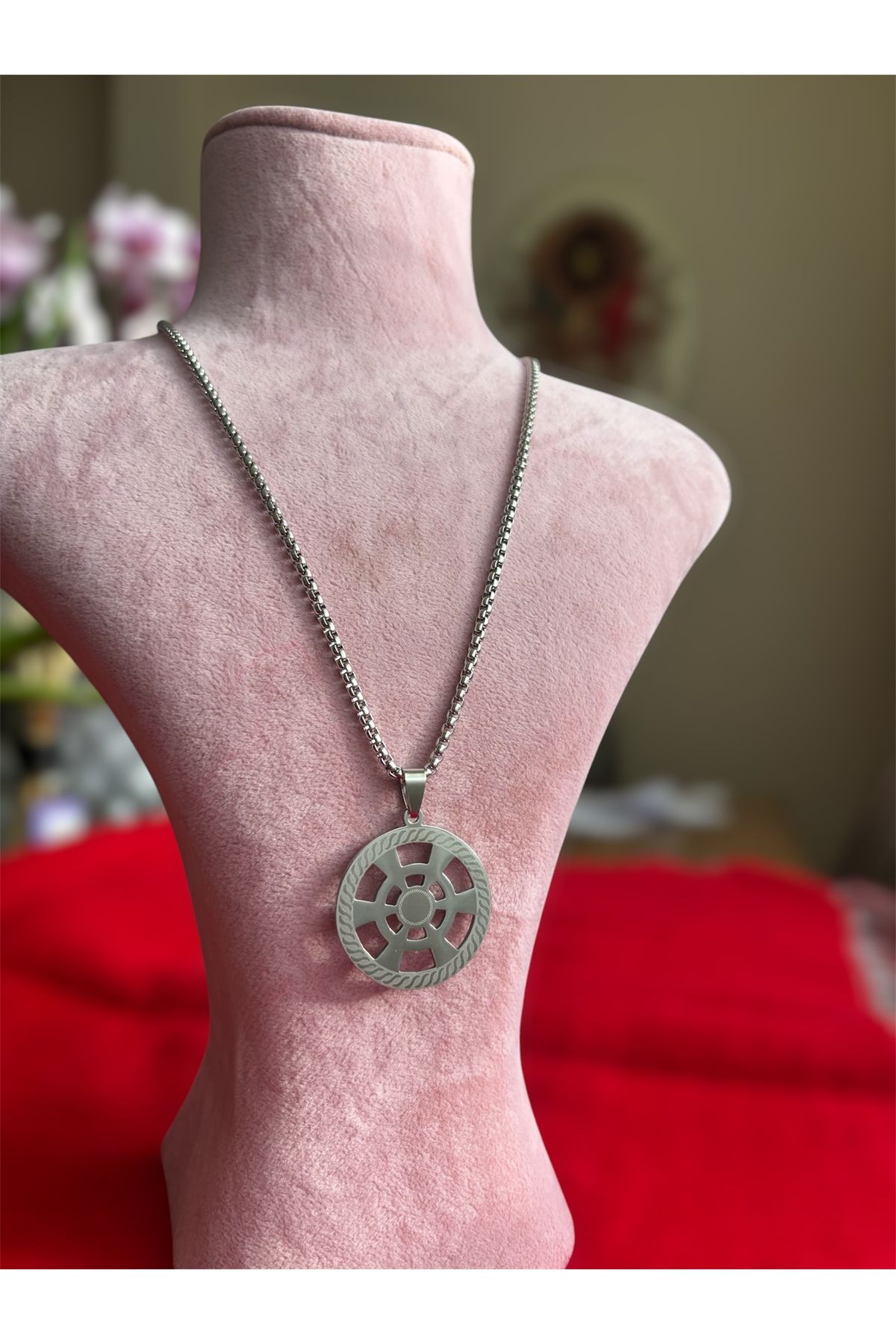 derokas-Silver Stainless Steel Necklace with Ship Wheel Figure - Bracelet Gift 1