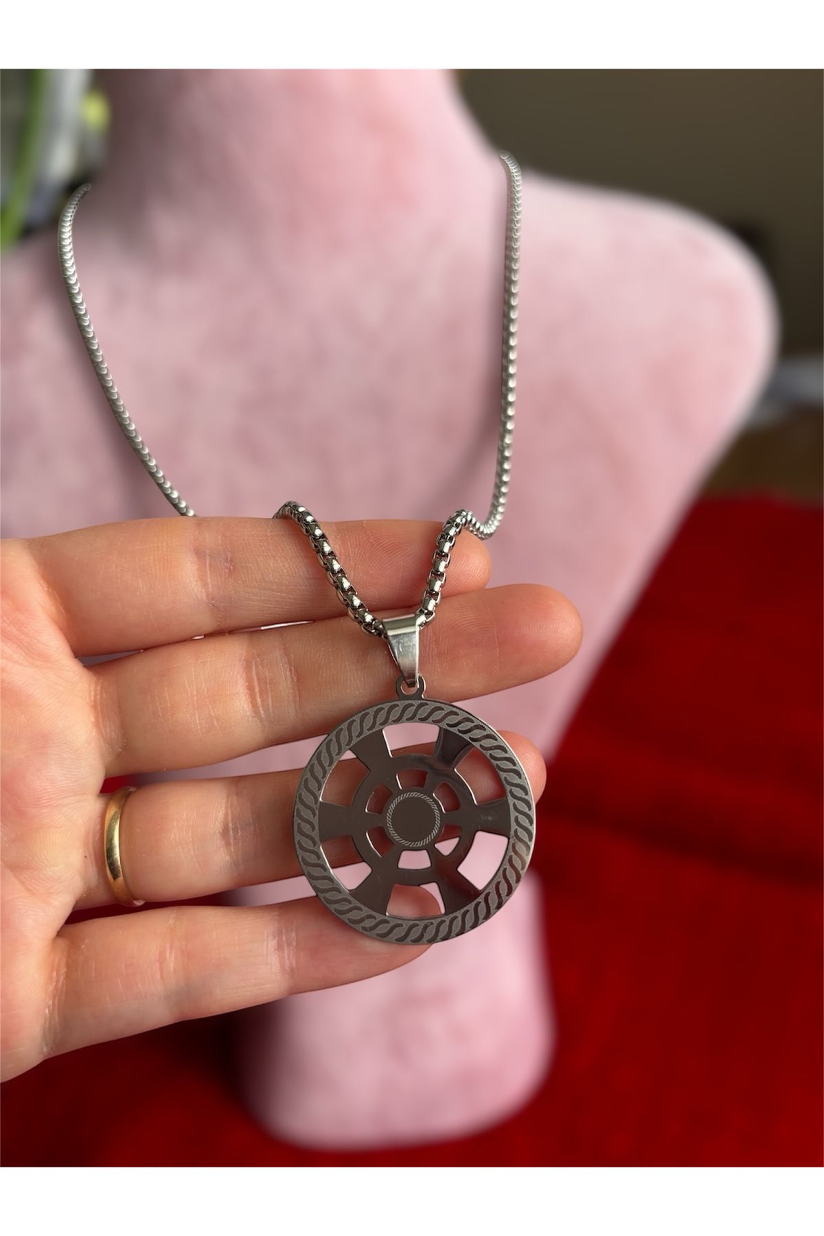 derokas-Silver Stainless Steel Necklace with Ship Wheel Figure - Bracelet Gift 3