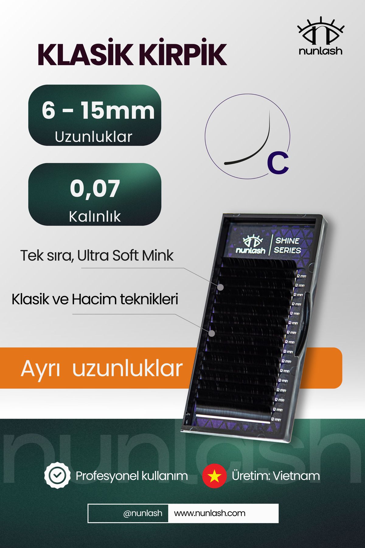 nunlash KLASİK İpek Kirpik C; 0,07 (Ayrı uzunluklar 6'dan 15mm'a kadar)