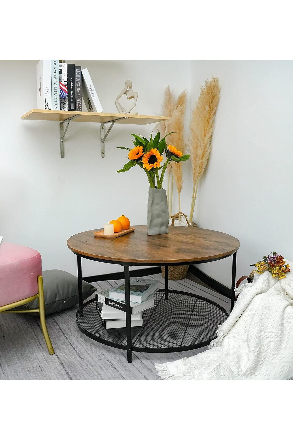 Generic-Coffee Table Round Side Table with with 2 Open Shelf Storage for Living Room 80x80x45cm 3