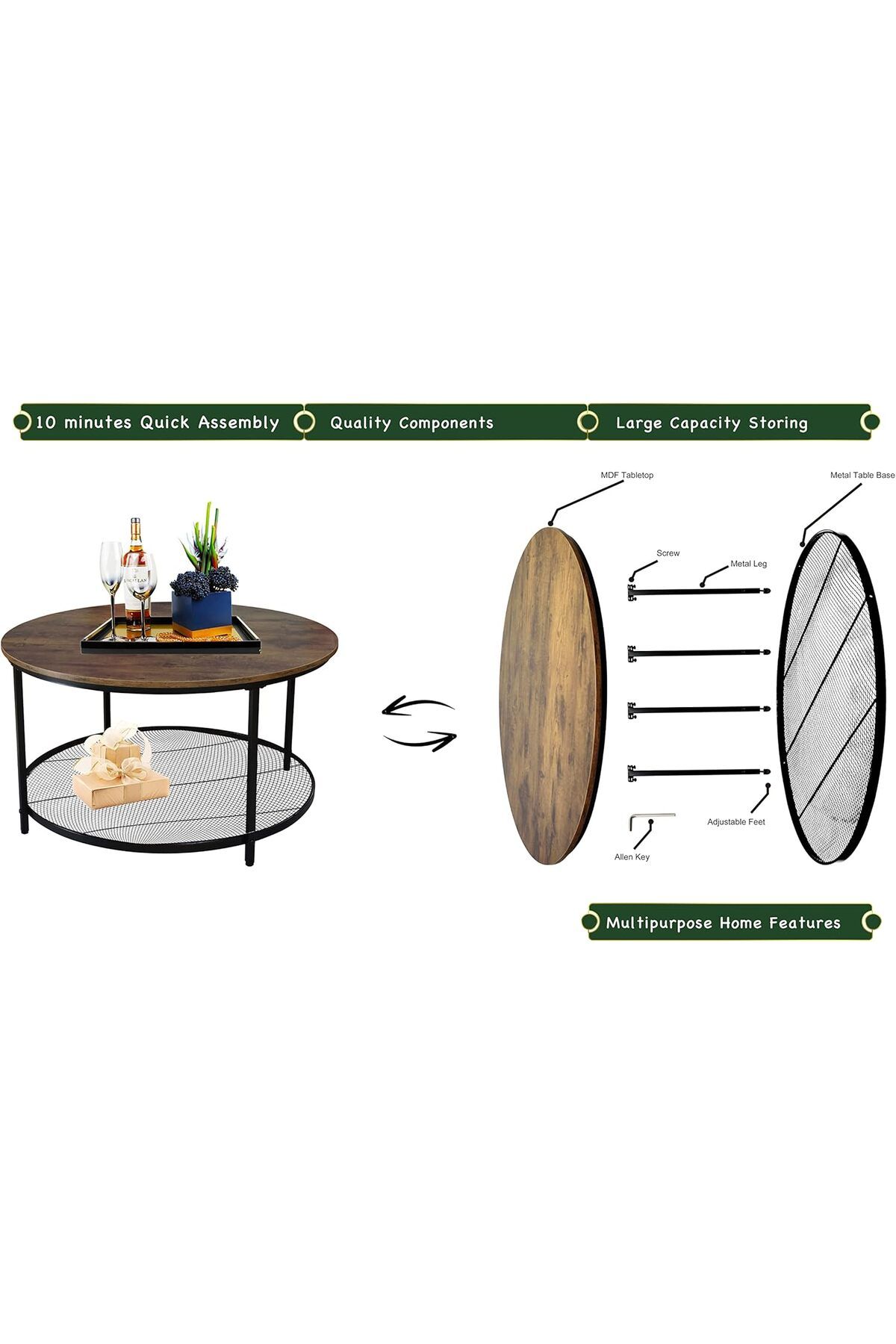 Generic-Coffee Table Round Side Table with with 2 Open Shelf Storage for Living Room 80x80x45cm 5