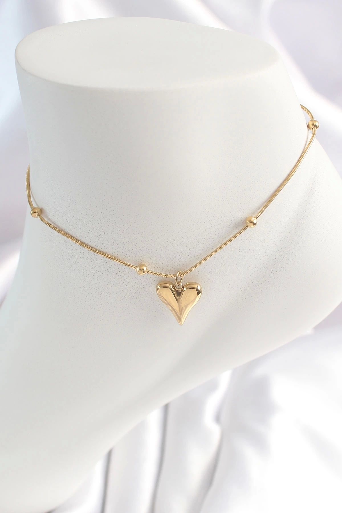 STOREMAX 316L Çelik Gold Renk Minimal Topçuk Detay Kalp Figür Kadın HalHal - TJ-HH1532