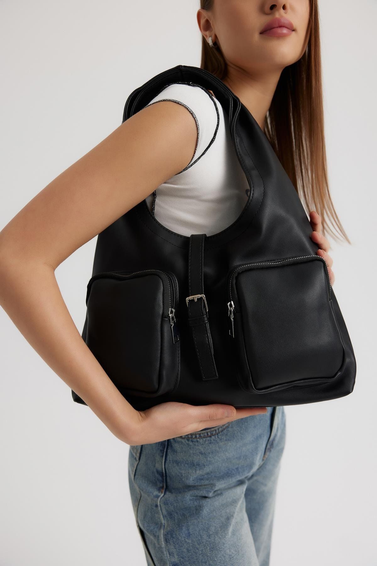 Shule Bags-Estrada Black Shoulder Bag with Pockets 4
