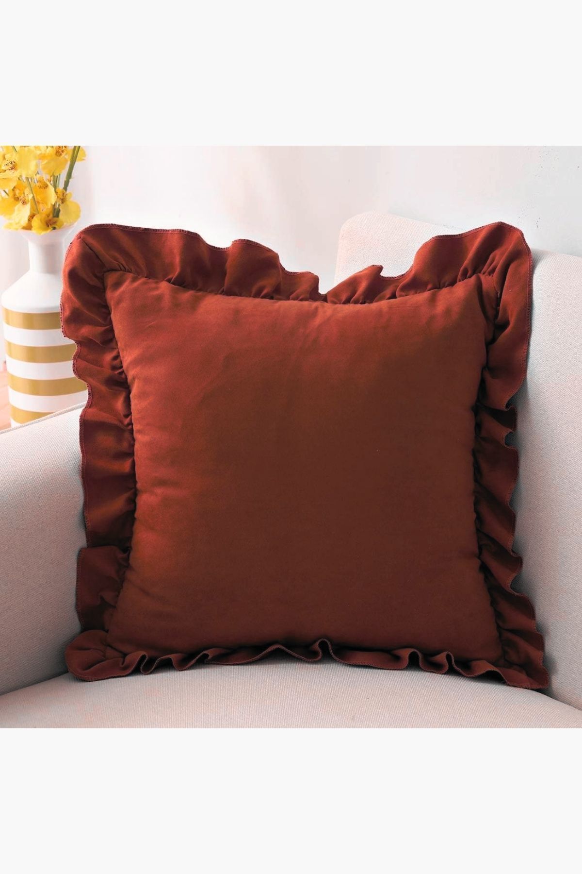 AYZEN HOME Kiremit Country Fırfırlı Kare Kırlent Kılıfı Yumuşak Dokulu Vintage, İskandinav,Bohem,Yılbaşı