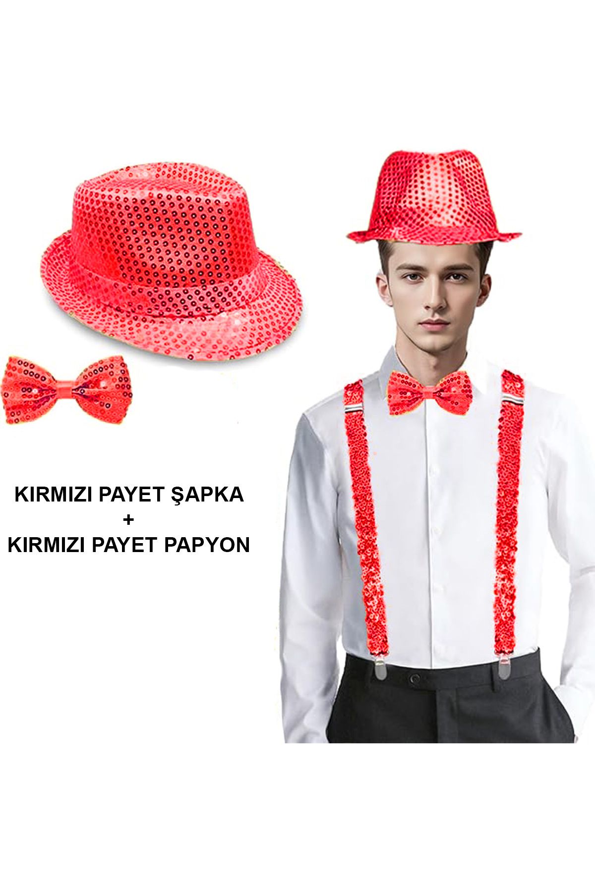 TTT Kırmızı Payetli Şapka ve Papyon Seti - Parıltılı Yetişkin Kostüm Seti