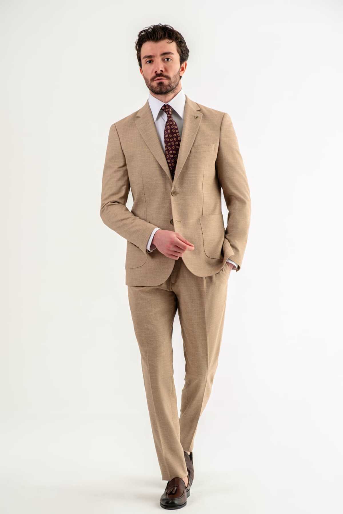 Ted Davıd-Beige Slim Fit Mono Collar Suit 3