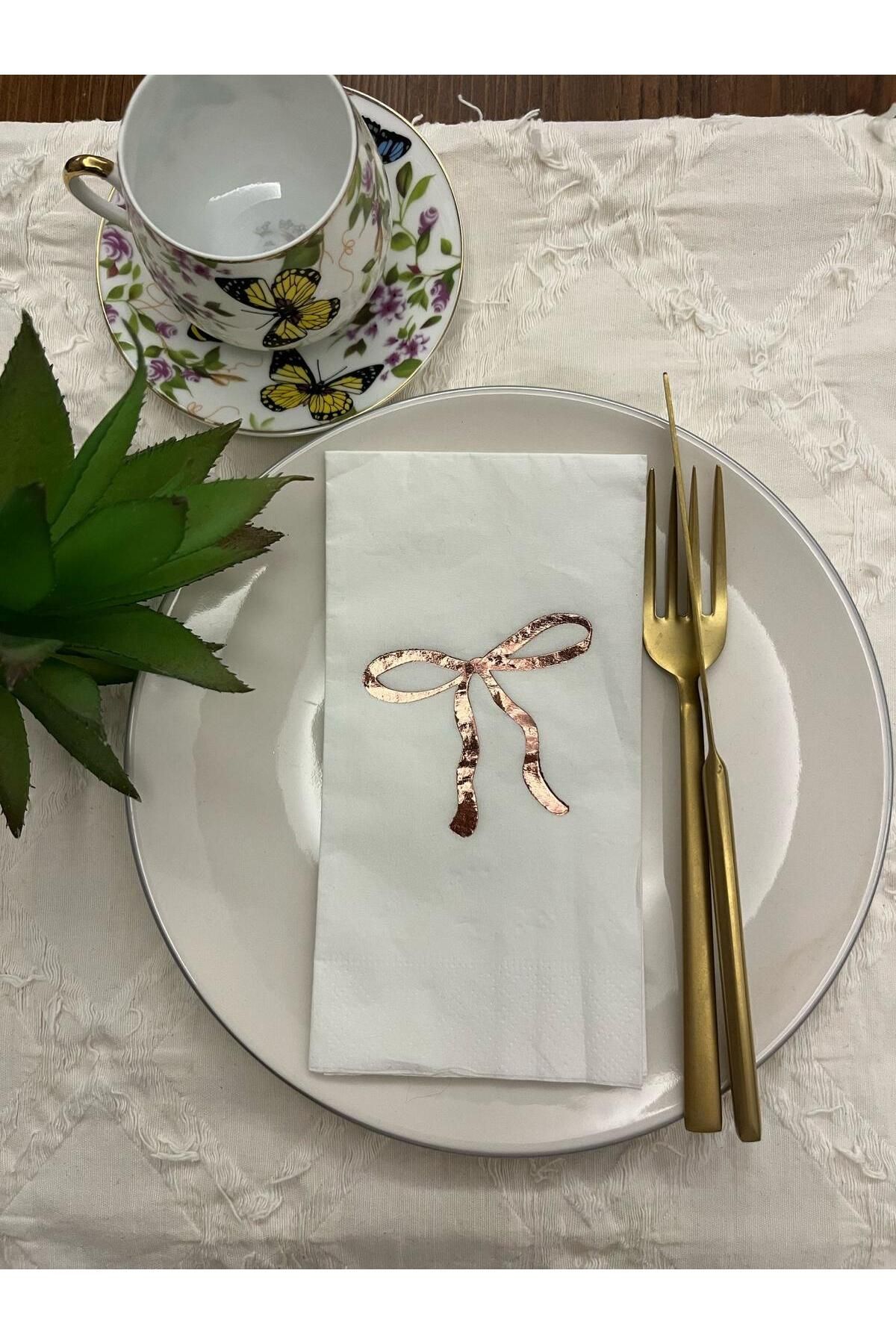 kidspartim Rose Gold Yaldızlı Beyaz Fiyonk Baskılı Garson Katlama Peçete 16 Adet