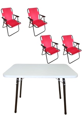 Tedarikcenter 4 Adet Plastik Kollu Kırmızı Kamp Sandalyesi Ve 1 Adet 60x45 Cm...