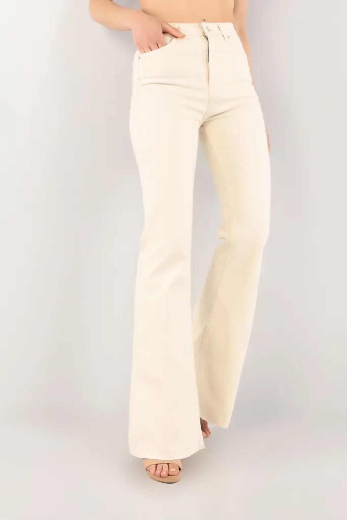 İBABUTİK  All Star Ispanyol Jeans Krem İspanyol Kot Yüksek Bel Ispanyol Ekru Kot Pantolon Likralı - Görsel 2