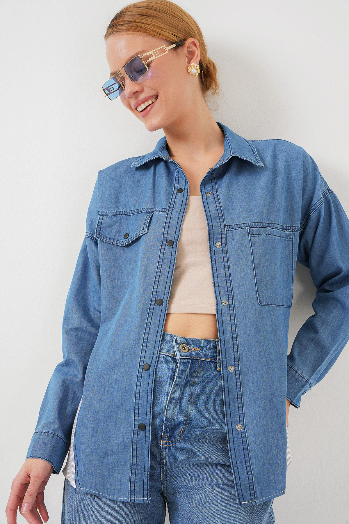 Bigdart-Women's Back Detailed Denim Shirt 20305 - Blue 5