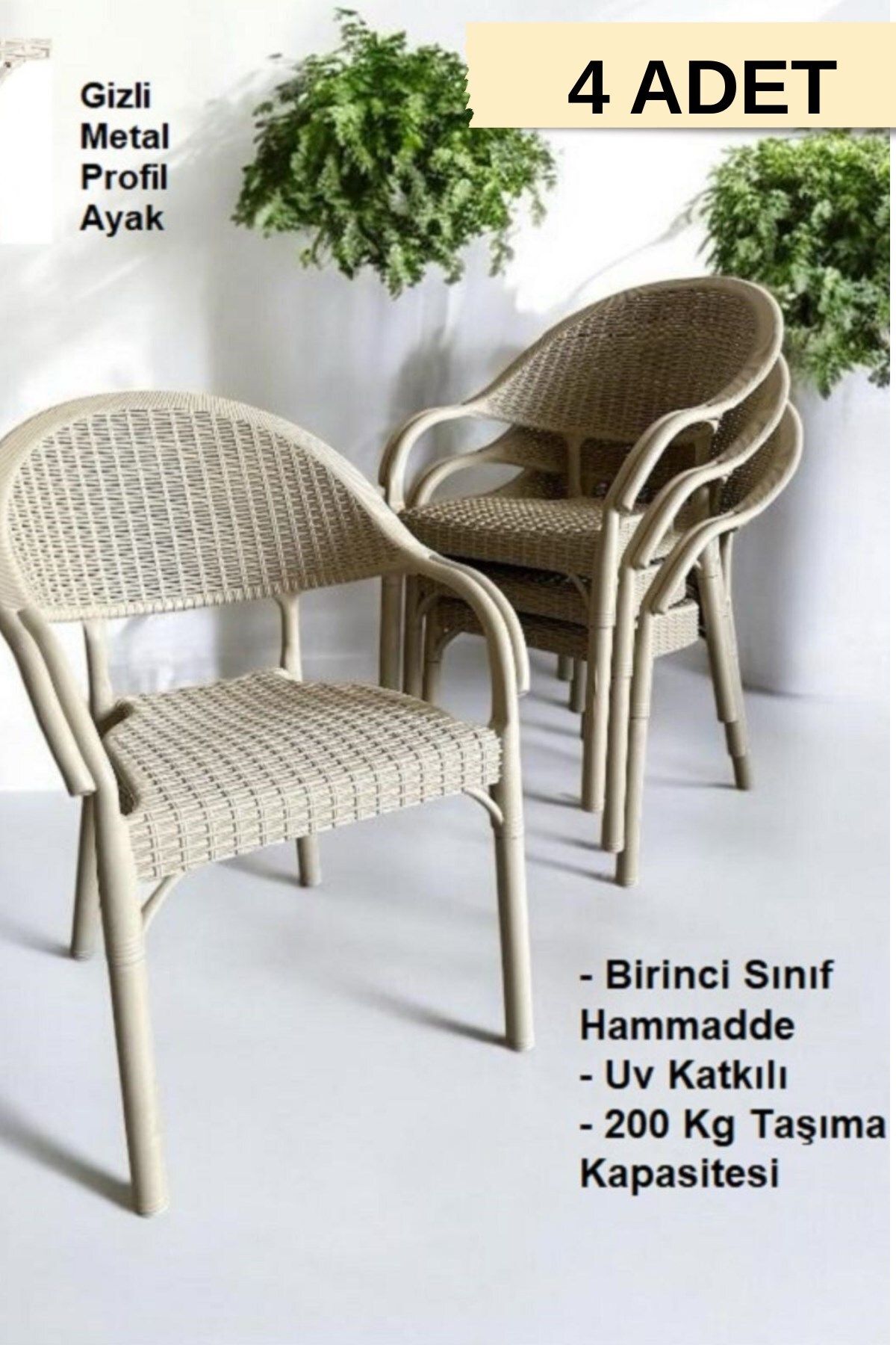 FURNLİNE MOBİLYA Furnline Mobilya Bambu Rattan Kollu Sandalye Koltuk 4'lü Set
