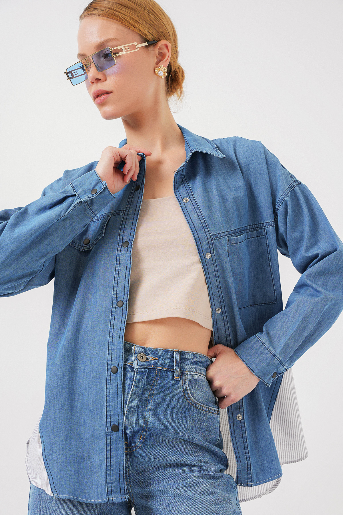 Bigdart-Women's Back Detailed Denim Shirt 20305 - Blue 3