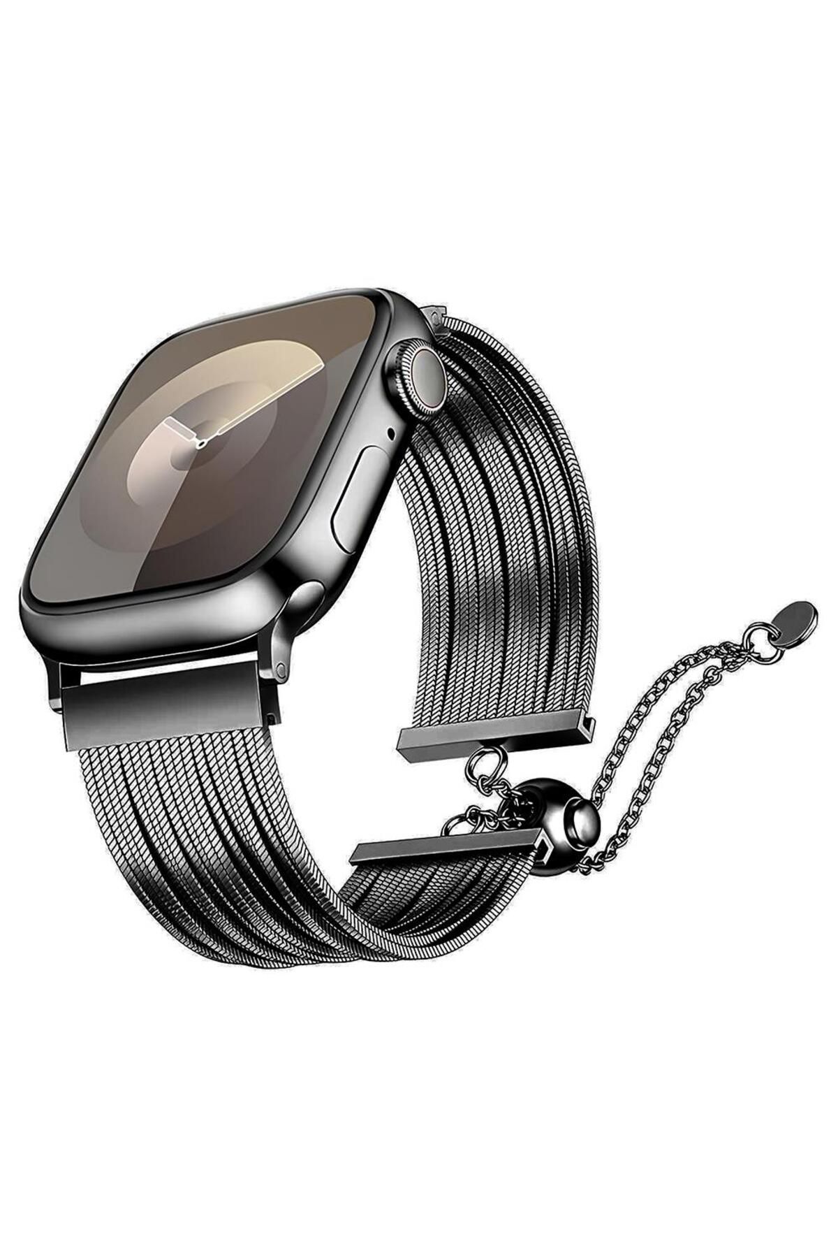 AktarMobile Apple Watch 7 8 9 41 mm Uyumlu Ayarlanabilir Zincirli Hasır Kordon Paslanmaz Çelik Şık Zarif Kayış