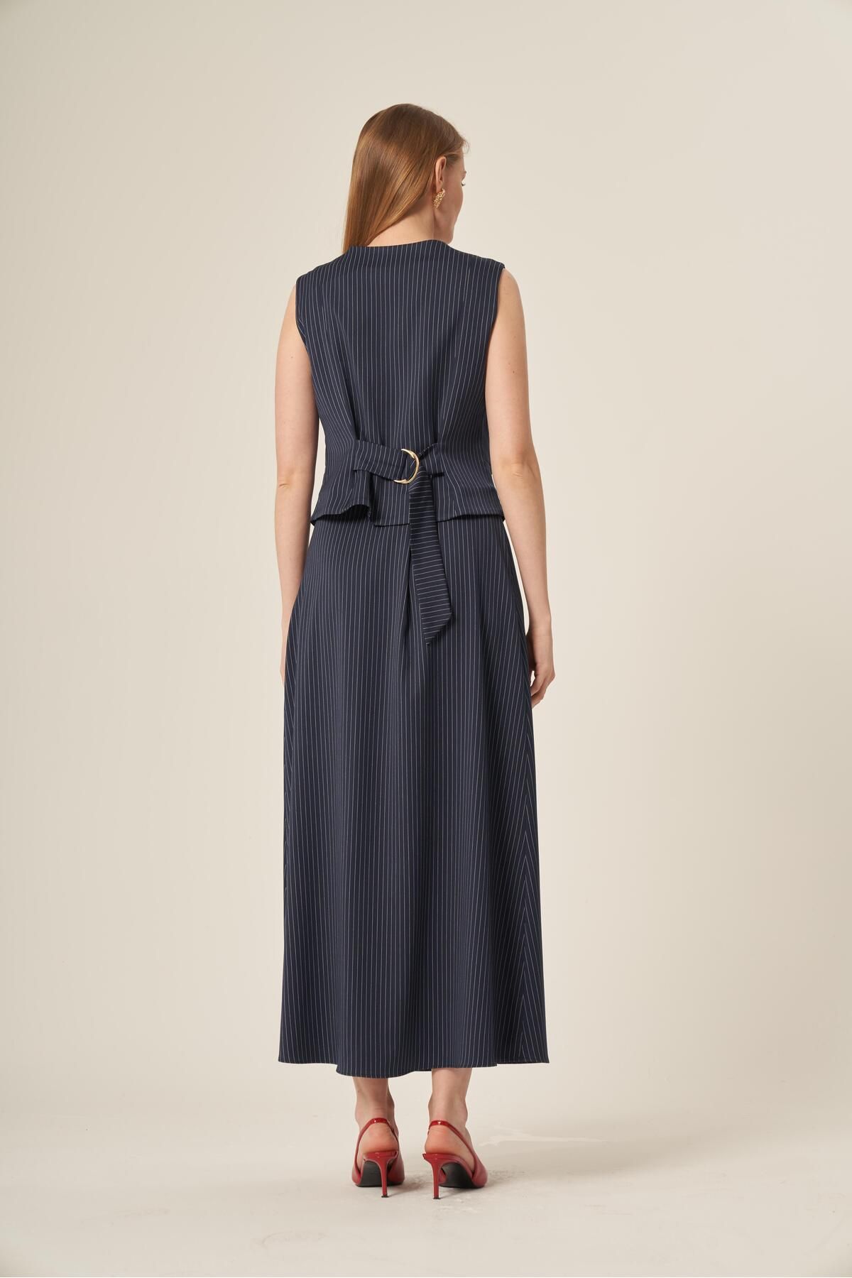 FTZ WOMEN-Ftz Women's Vest Skirt Striped Suit Navy Blue 31147 6