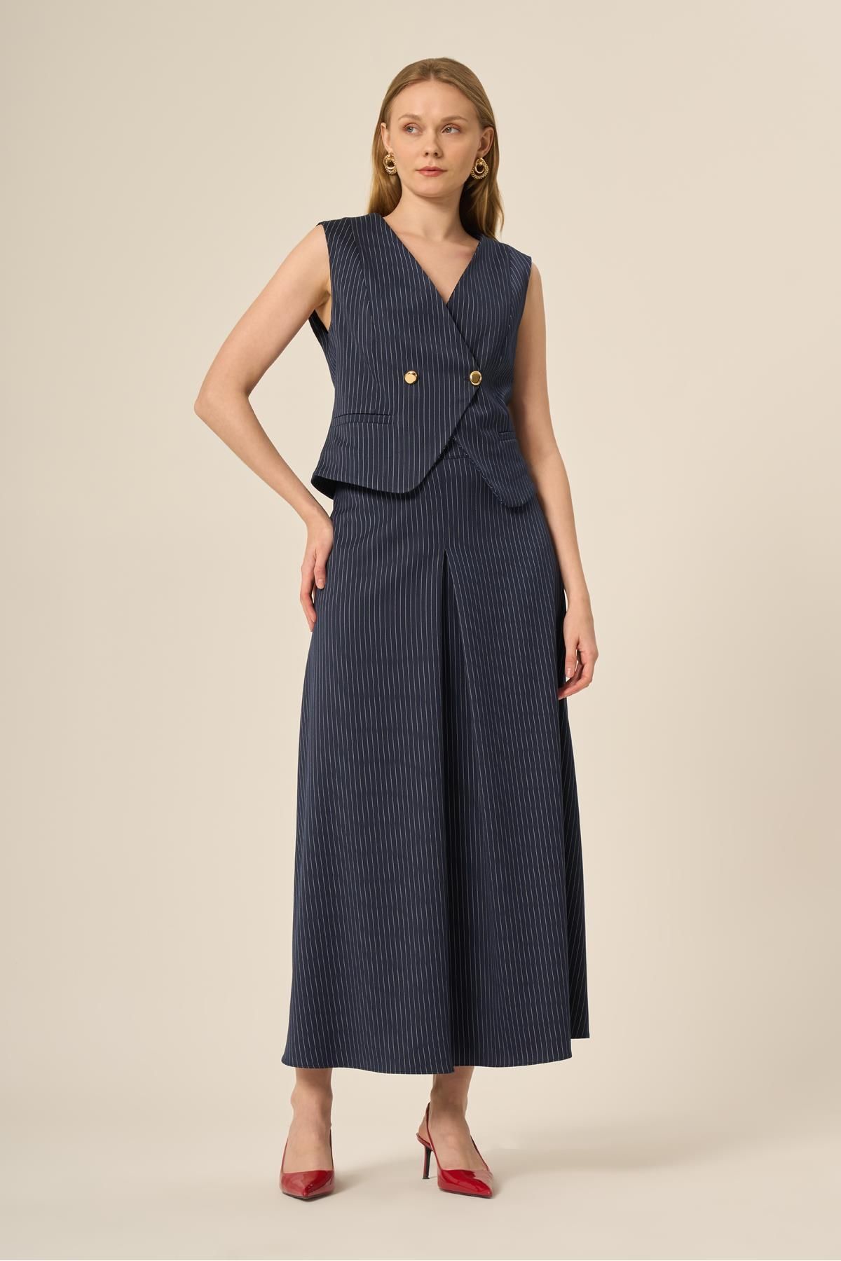 FTZ WOMEN-Ftz Women's Vest Skirt Striped Suit Navy Blue 31147 5