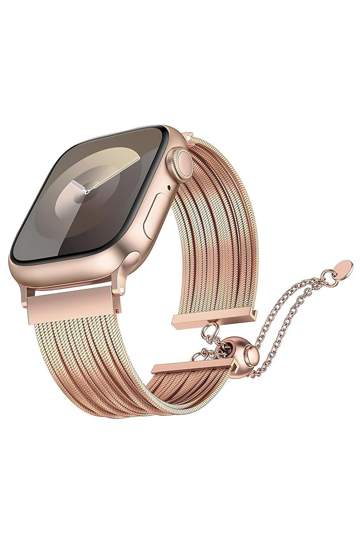 AktarMobile Apple Watch 10 46 mm Uyumlu Ayarlanabilir Zincirli Hasır Kordon Paslanmaz Çelik Şık Zarif Kayış