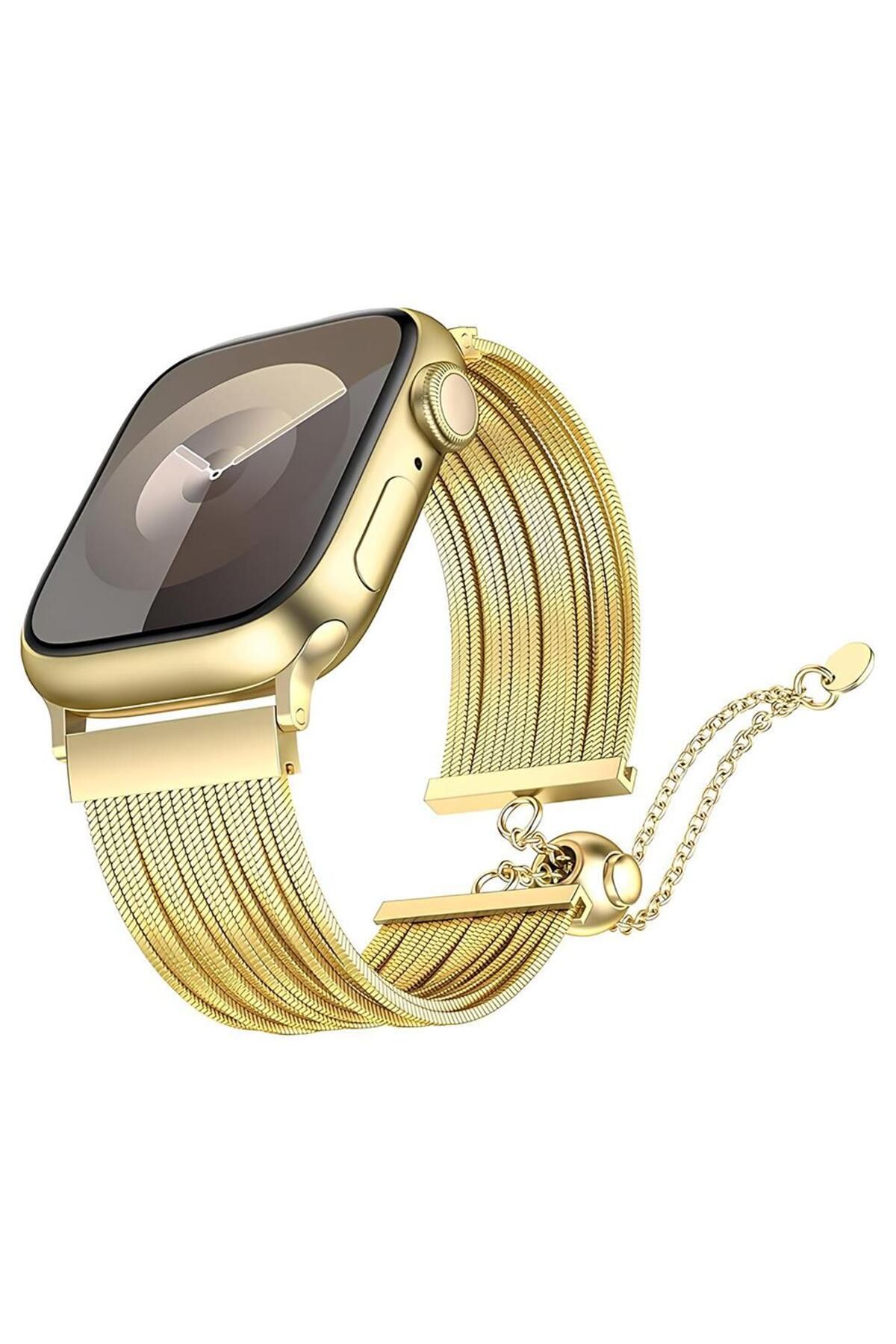 AktarMobile Apple Watch 7 8 9 45 mm Uyumlu Ayarlanabilir Zincirli Hasır Kordon Paslanmaz Çelik Şık Zarif Kayış