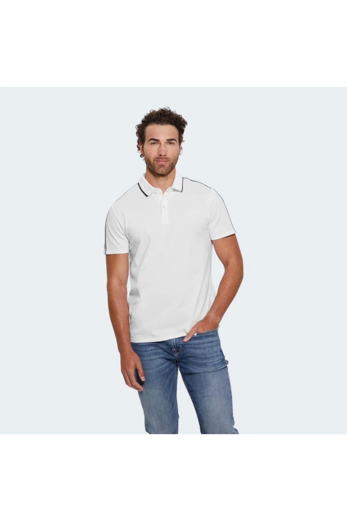 تی شرت پولو مردانه بژ Quattro G Stripe Guess
