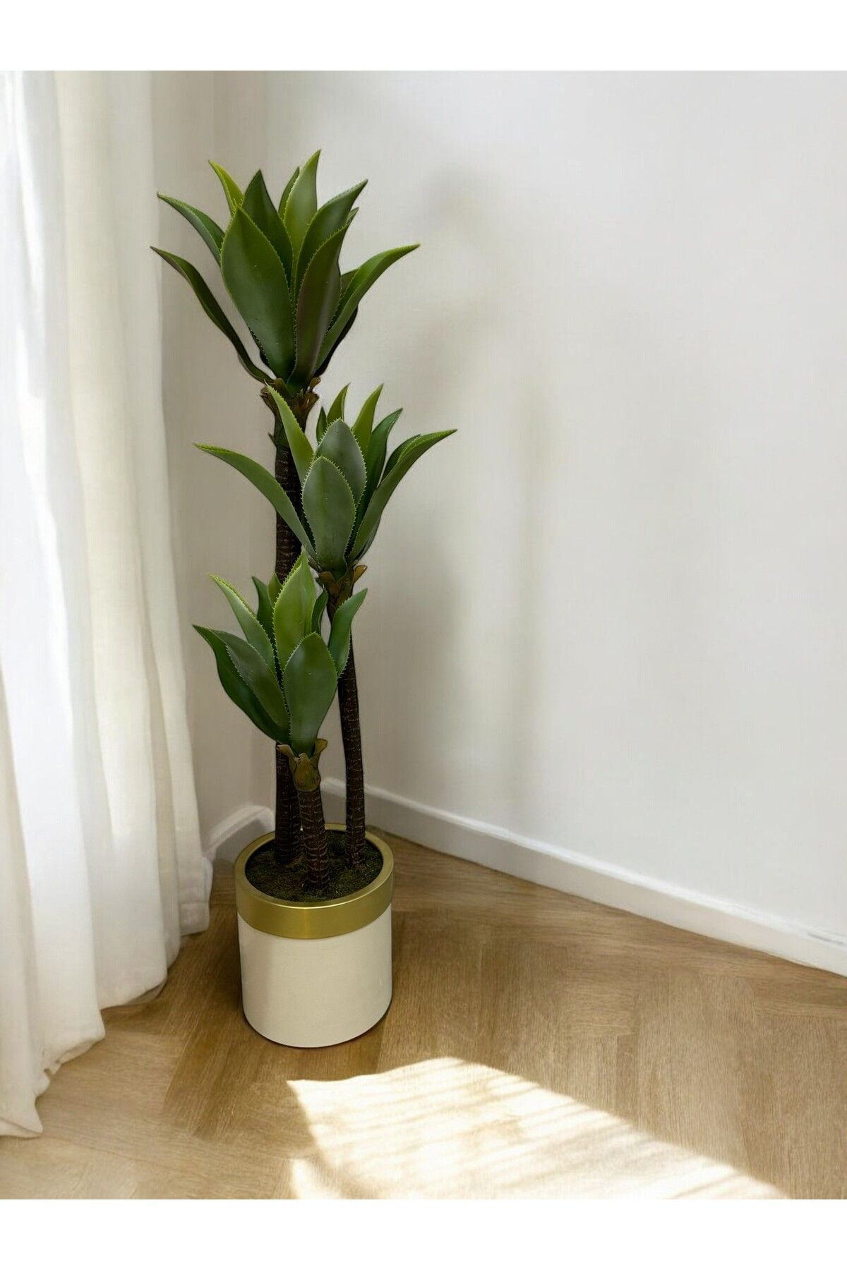 LUZAB 150 cm 3 GÖVDELİ YAPAY AGAVE AĞACI GOLD KEMER BEYAZ SAKSILI AĞAÇ