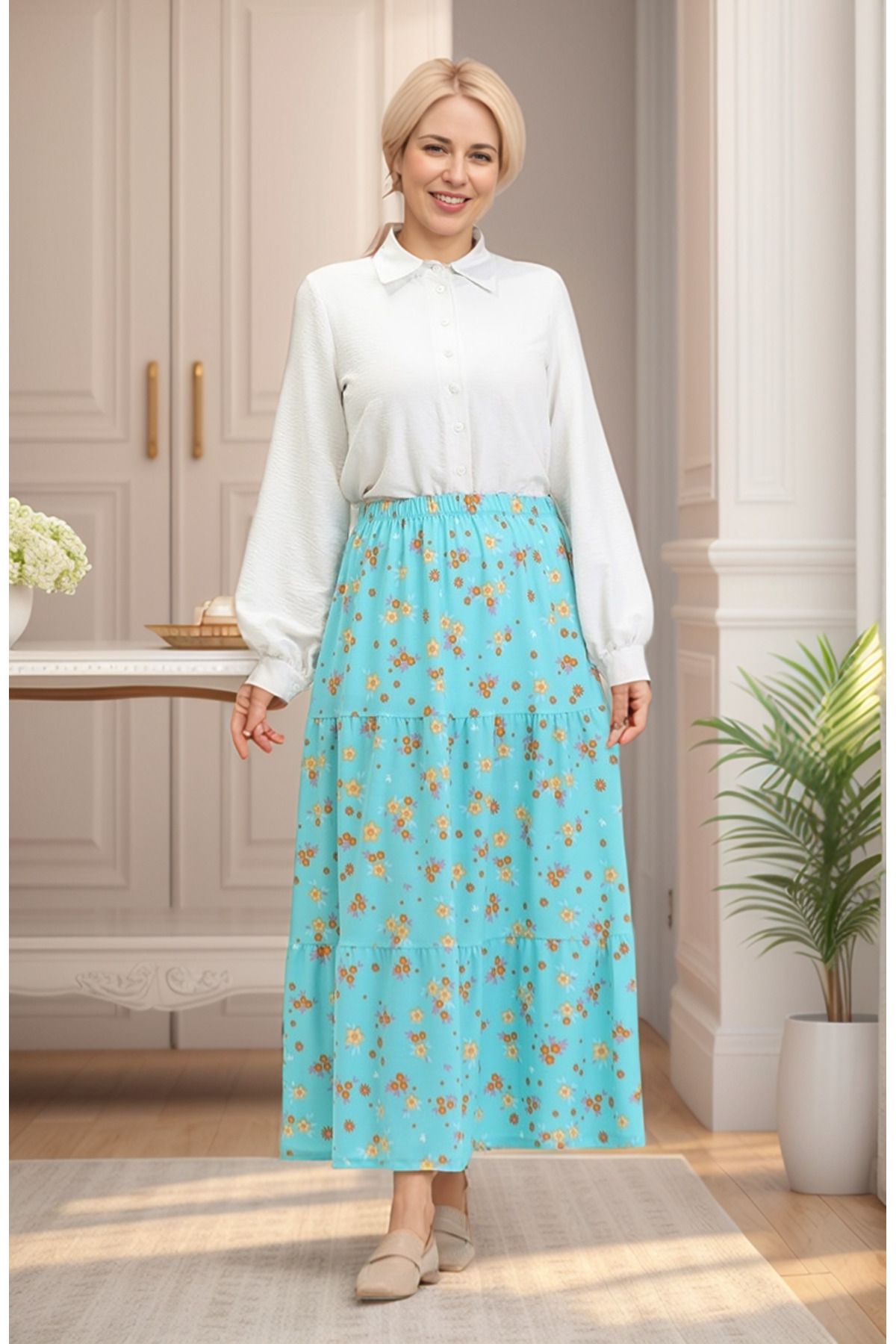 RESPİRO-Floral Patterned Soft Flowing Layered Long Crepe Spring Summer Mint Skirt 1
