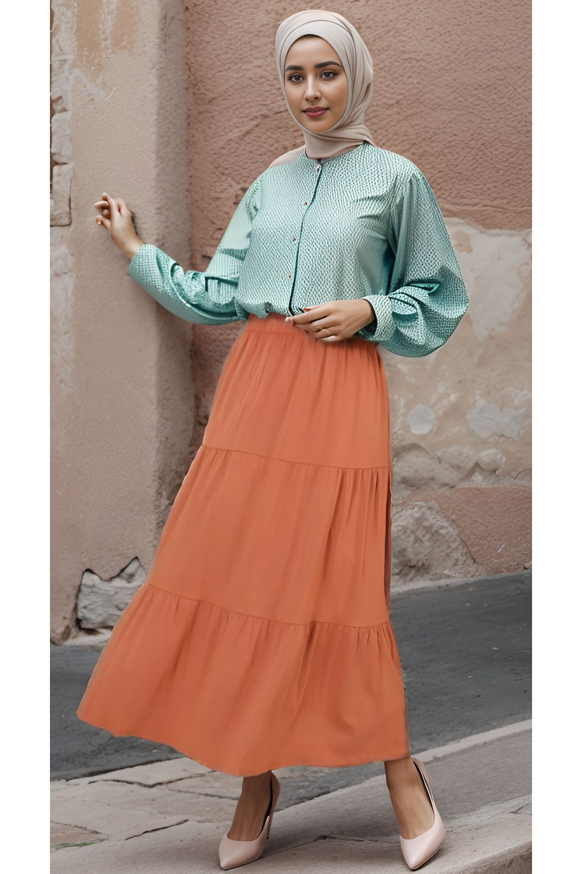 RESPİRO-Crepe Draped Long Soft Tan Color Layered Skirt 2