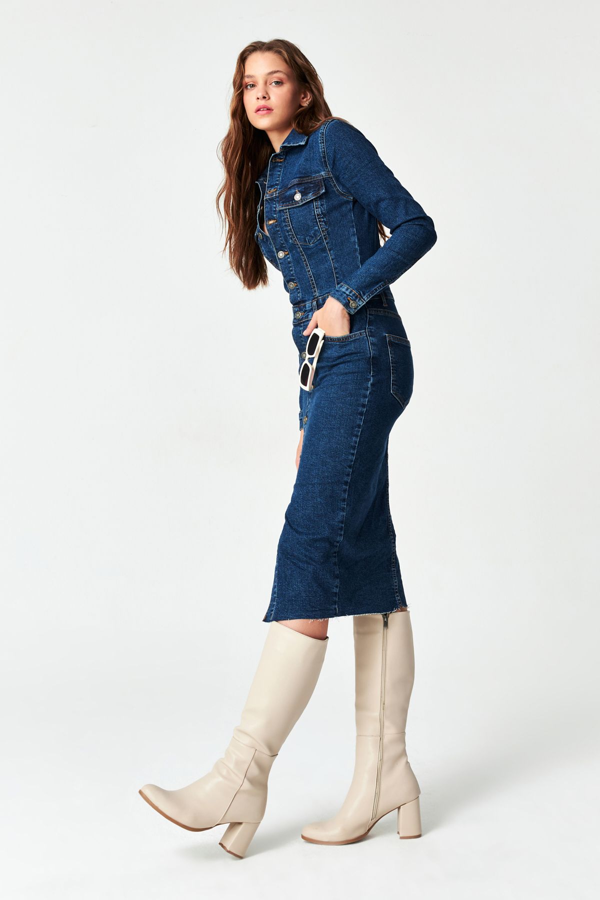 its basic-Women's Dark Blue Color Buttoned Long Denim Dress 3