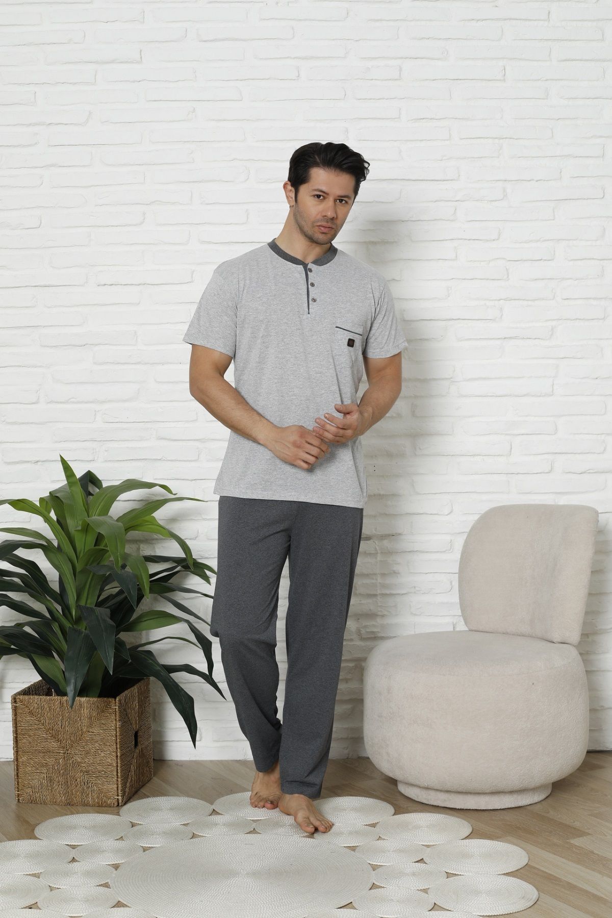 MODAREYA-Men's Short Sleeve Buttoned Collar Gray Melange Pajama Set with Chest Pocket 2