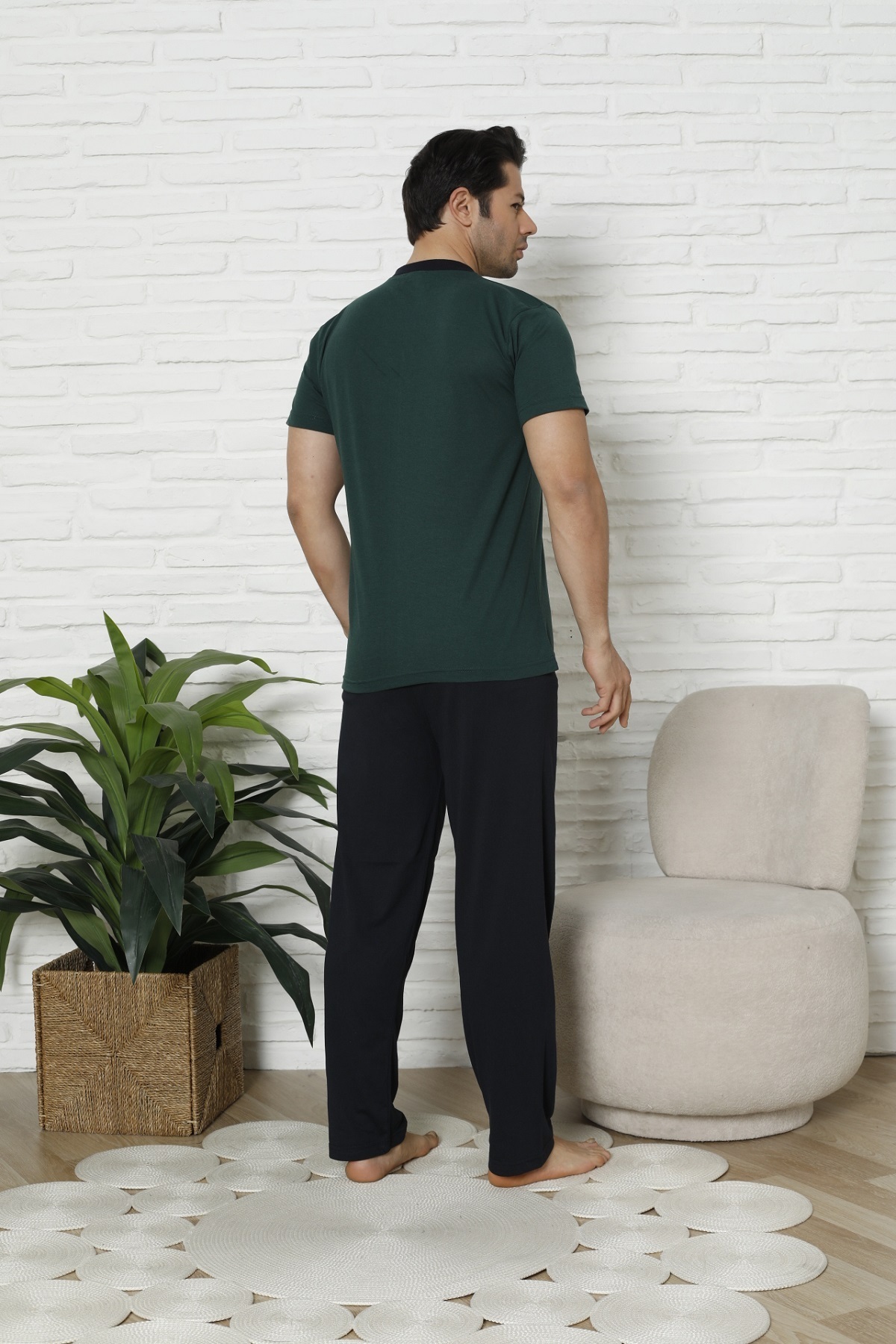 MODAREYA-Men's Short Sleeve Buttoned Collar Khaki Pajama Set with Chest Pocket 3
