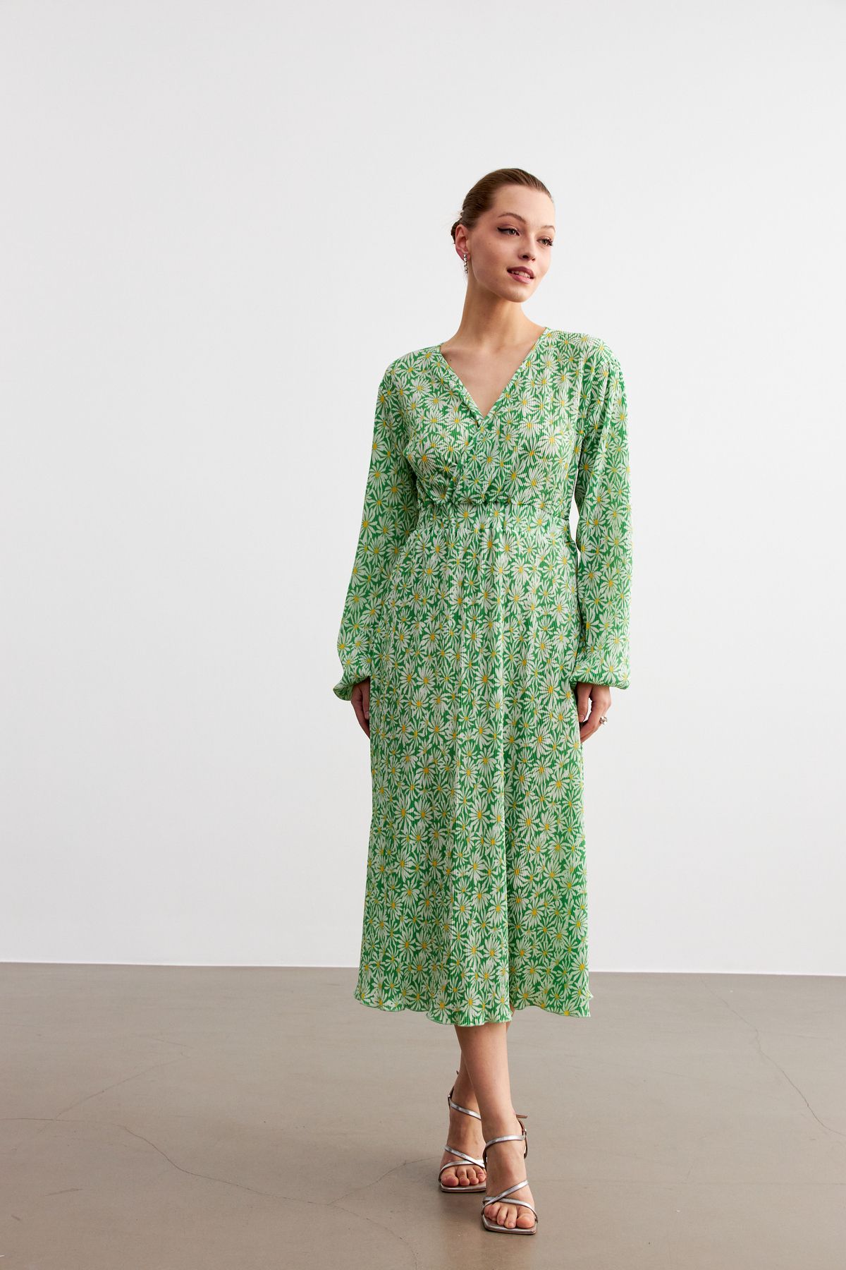 MODAGEN-Rochie de damă cu model de flori verzi, cu guler dublu, cu talie elastică, lungime midi 2
