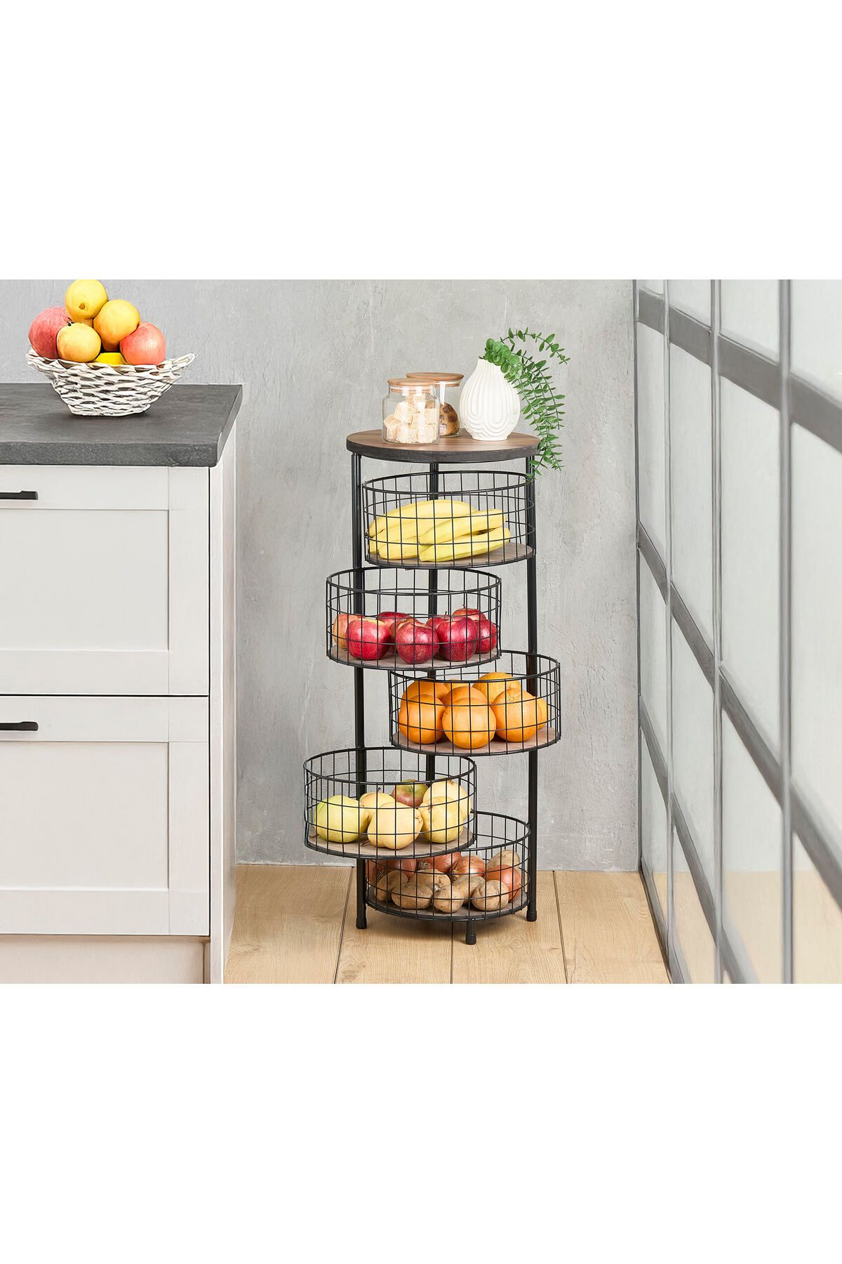 KAFEGA HOME 5 KATLI YANA AÇILIR METAL AHŞAP SEBZELİK ORGANİZER