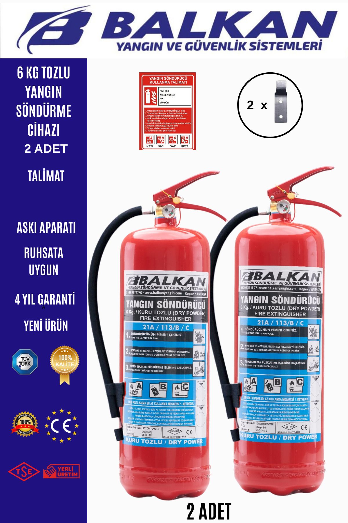 Balkan Ticaret 6 kg tozlu yangın söndürme cihazı +Talimat+askı aparatı 2 adet