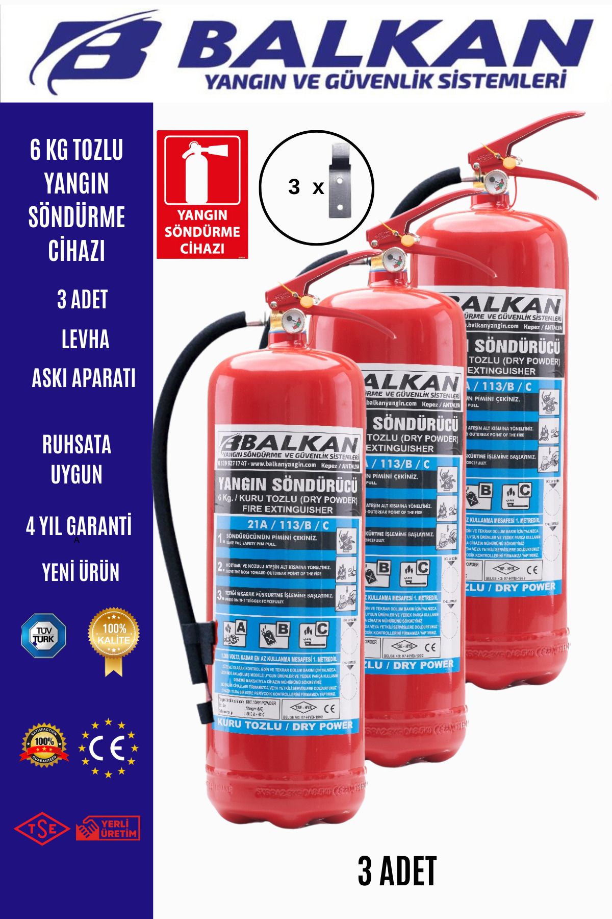 Balkan Ticaret 6 kg tozlu yangın söndürme cihazı +levha+Talimat+askı aparatı 3 adet