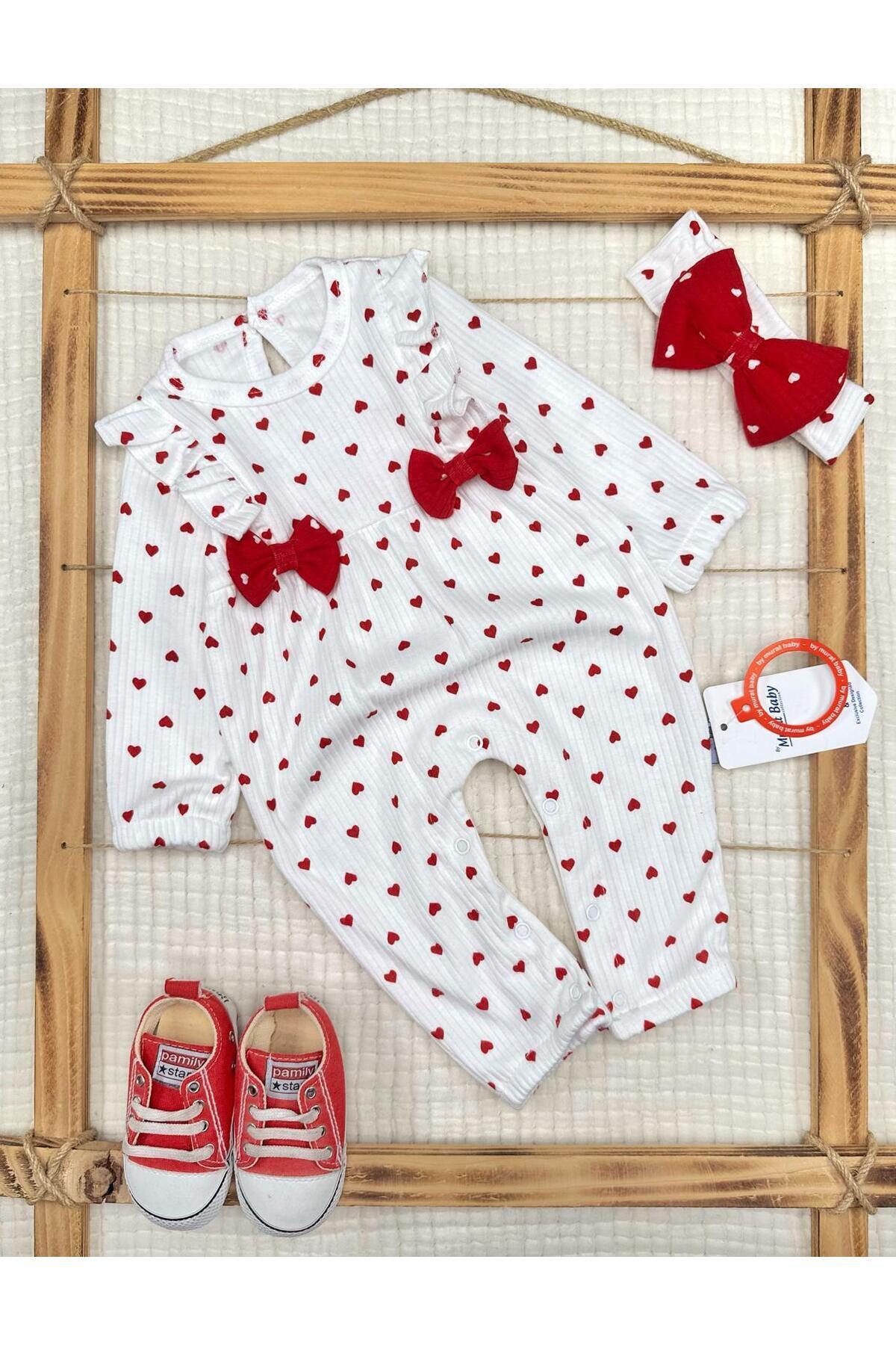 Murat Baby Kız Bebek Kırmızı Kalpli Fiyonklu Bandanalı Pamuklu Tulum fotoğrafı 3 (önizleme)