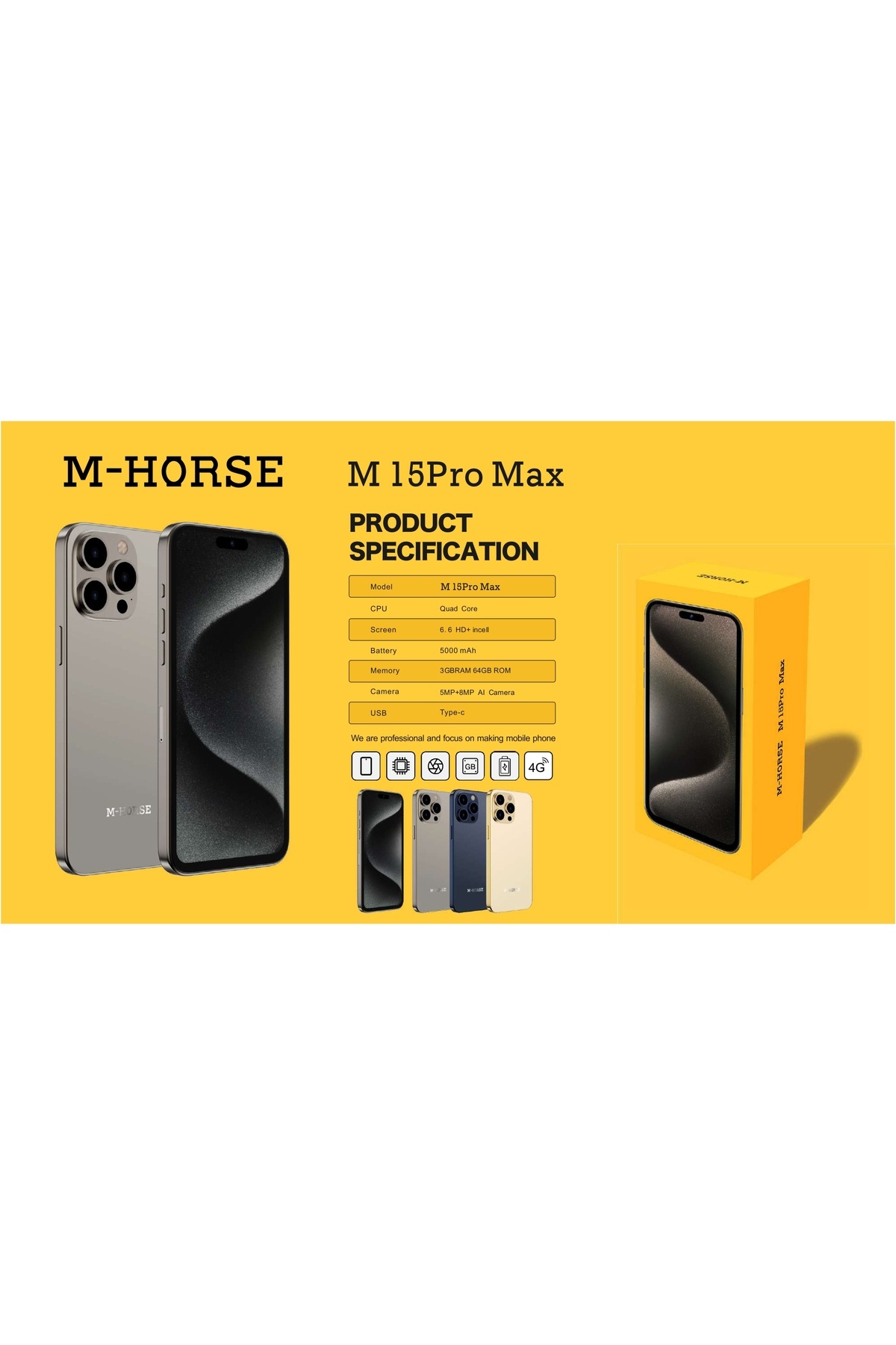 M HORSE-M-HORSE 15 Pro Max Smartphone 6.6HD Display, 4GB RAM 64GB ROM, Dual SIM, Android OS, Global Version 2
