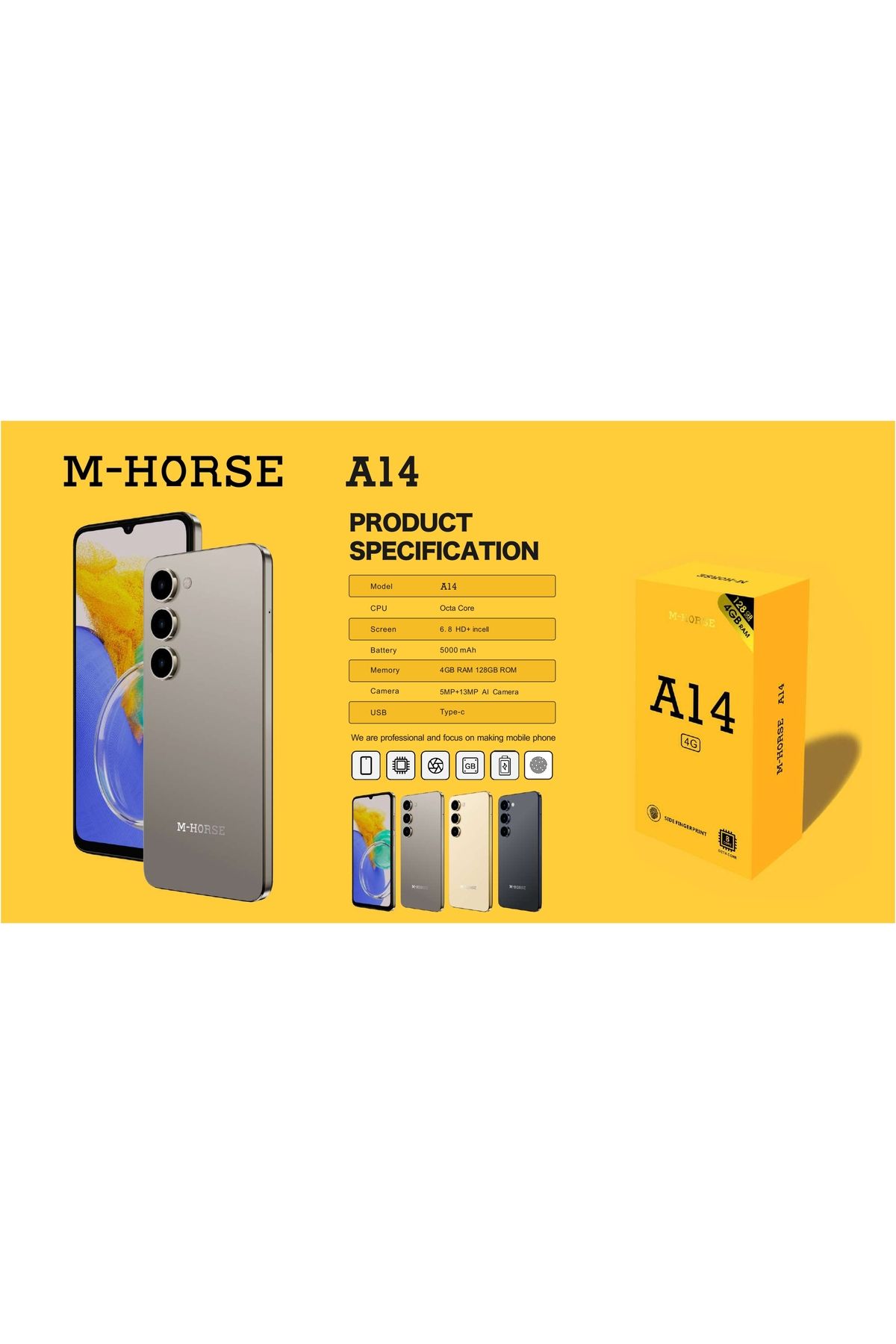 M HORSE-M-HORSE A14 Smartphone 6.8'' HD Display, 8GB RAM 128GB ROM, Dual SIM, Android OS, Global Version 2