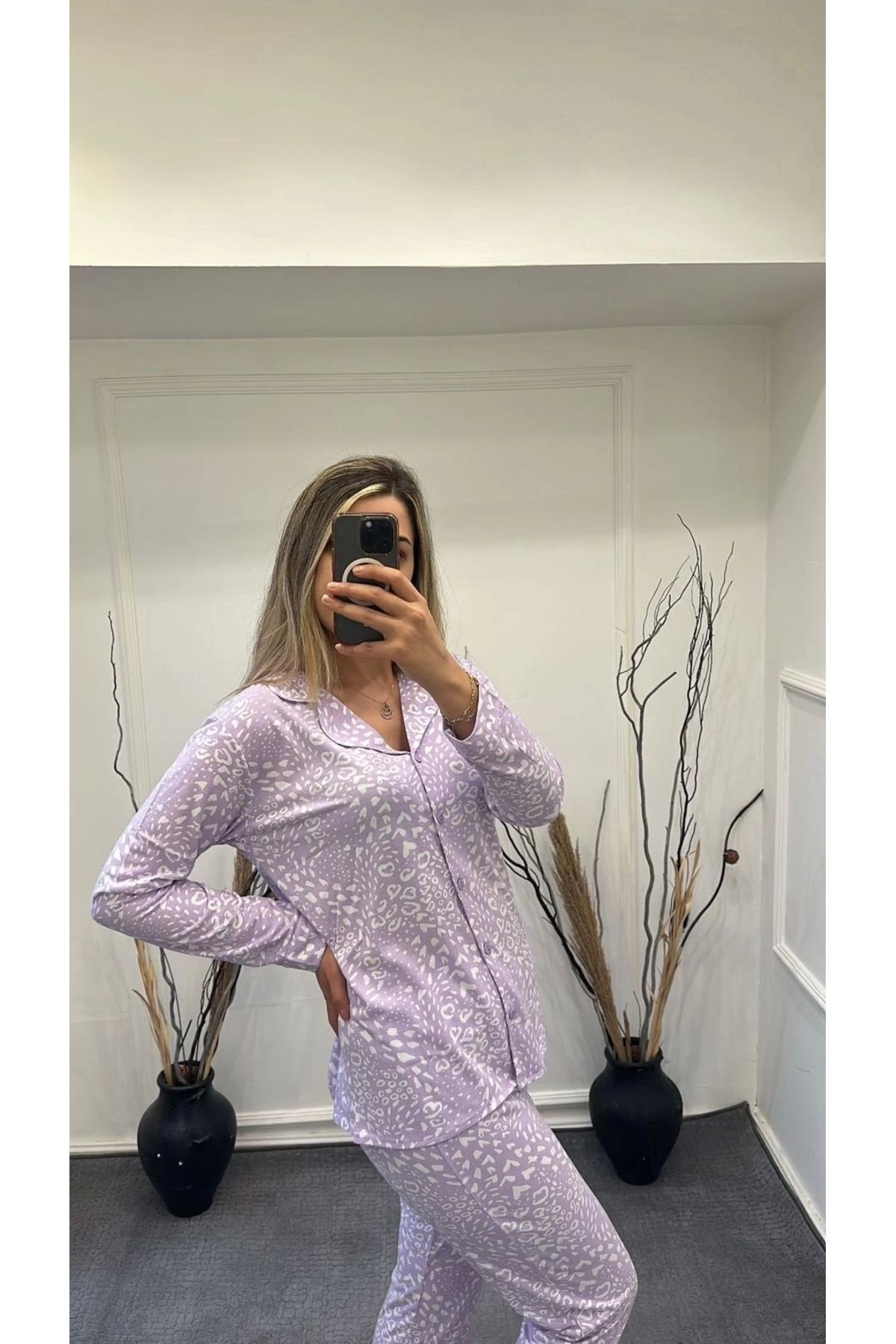 Beruflic Angel 6166 Önü Düğmeli Desenli Pijama Takımı